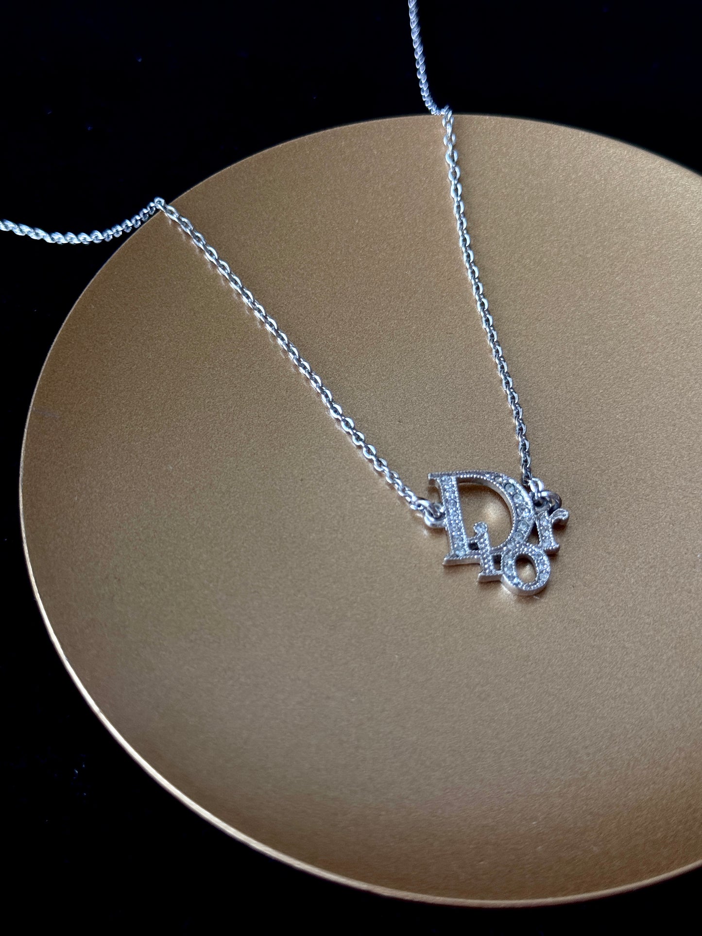 Dior Vintage Silver Logo Necklace with Crystal Detailing
