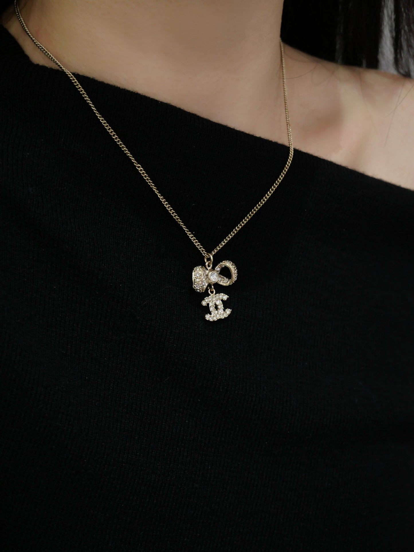 Chanel 2016 Crystal Bow CC Pendant Necklace