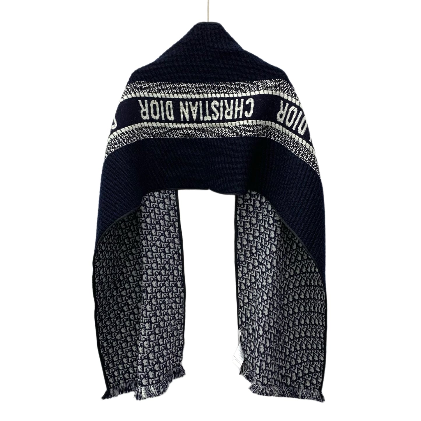 Dior Navy Blue Monogram Wool Fringe Scarf