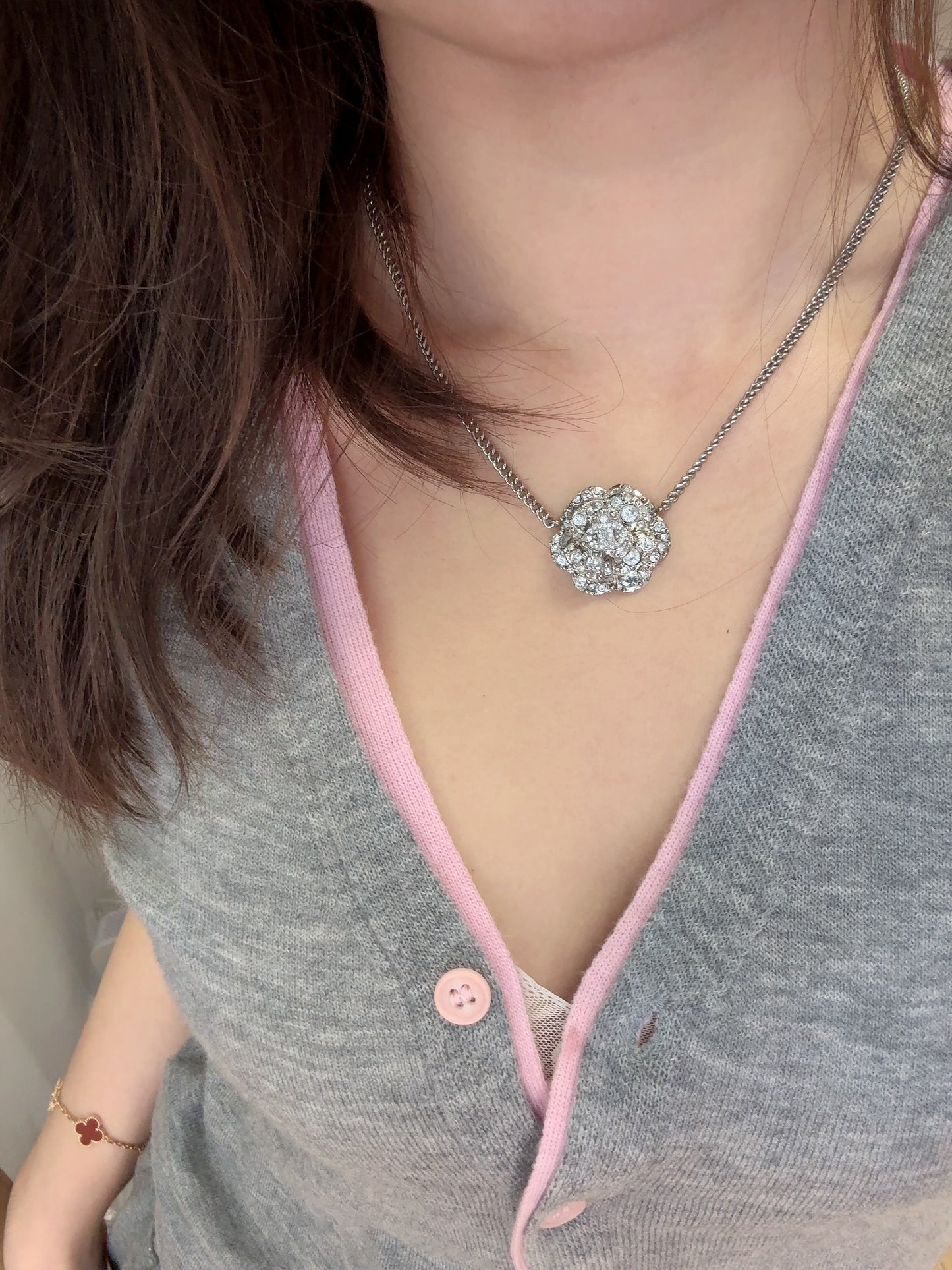 Chanel Vintage “Silver Camellia” Crystal Pendant Necklace