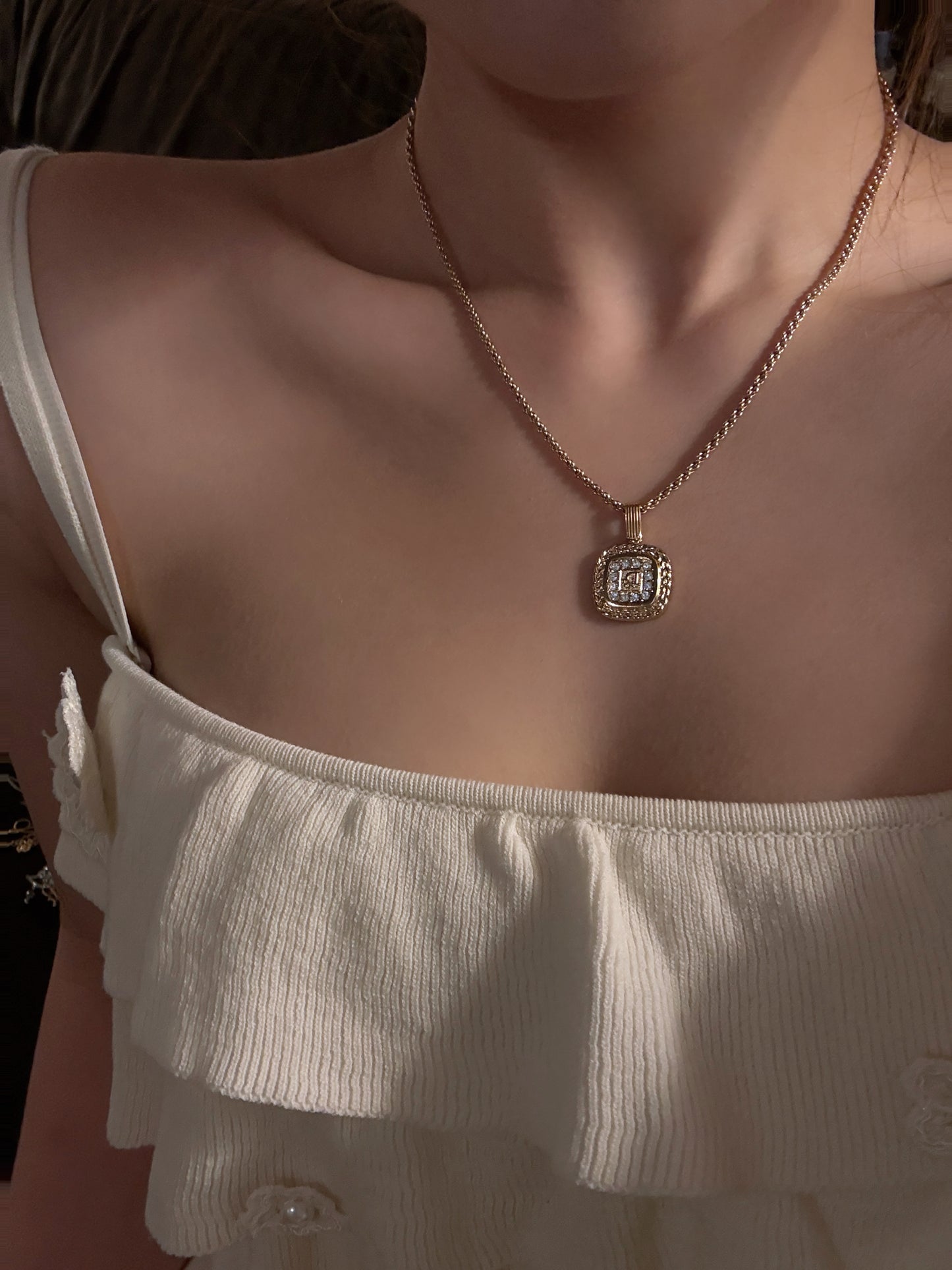 Dior Vintage Gold Cyrstals Embeded Logo Pendant Necklace