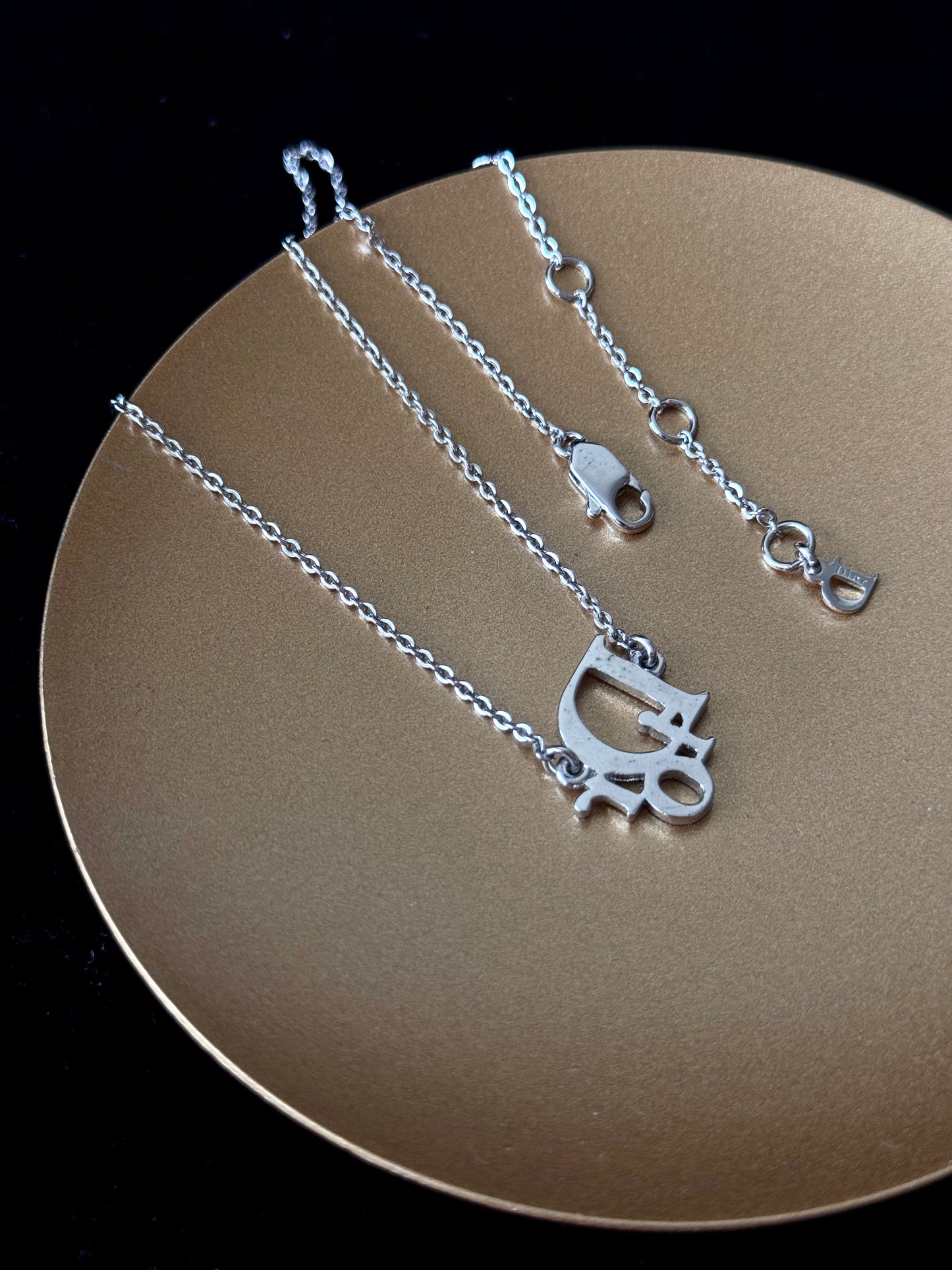 Dior Vintage Silver Logo Necklace with Crystal Detailing