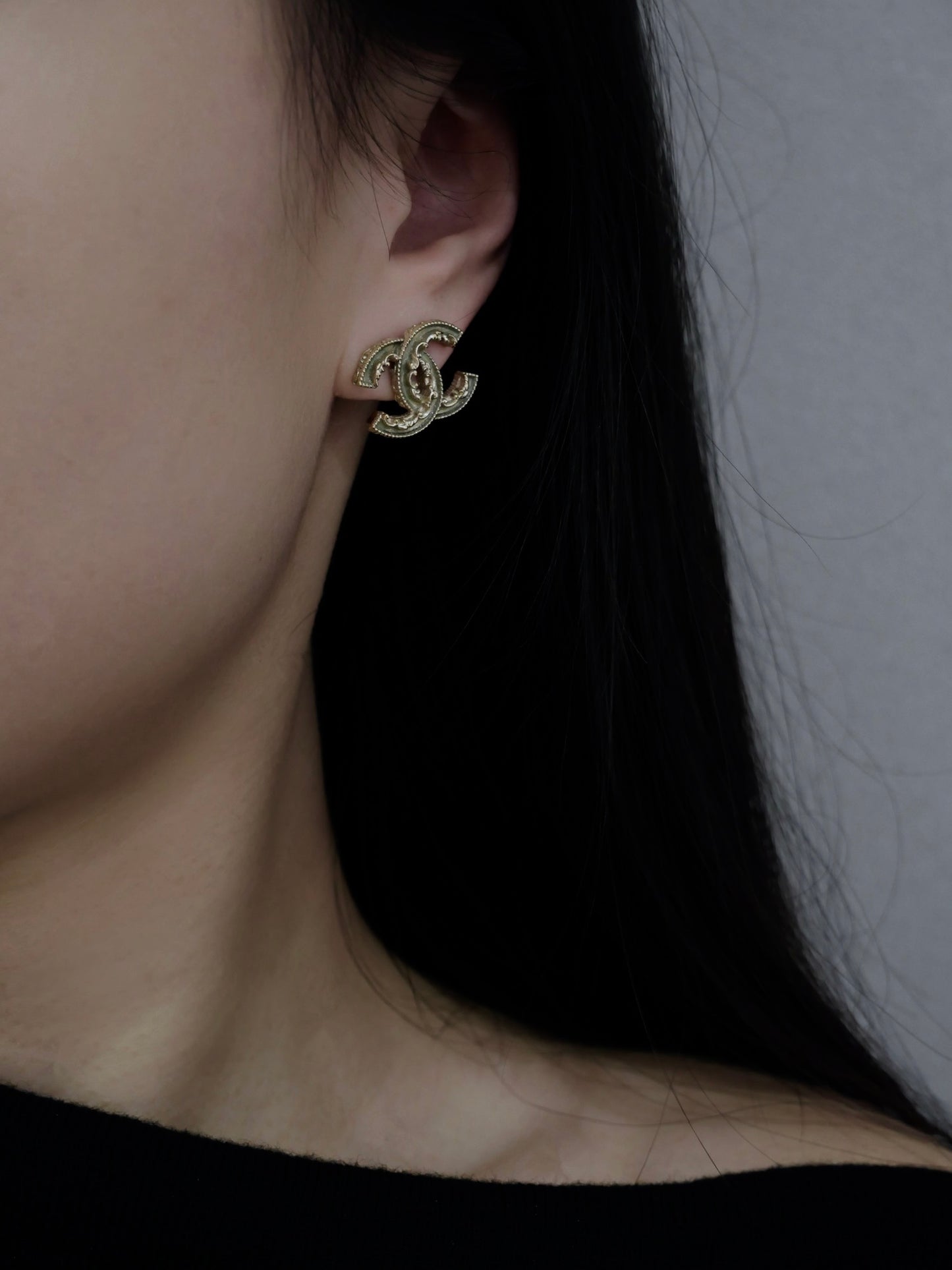 Chanel 2013 Dark Green Golden CC Logo Stud Earrings