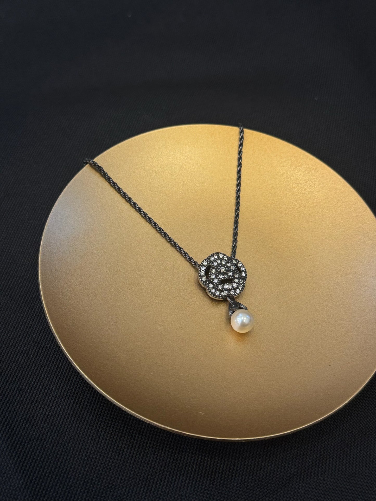 Chanel Crystal Camellia Pendant Necklace with Pearl Drop