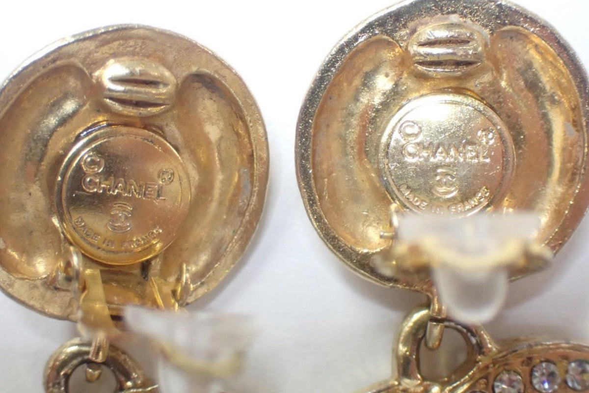 Chanel Crystal CC Logo Drop Clip-On Earrings