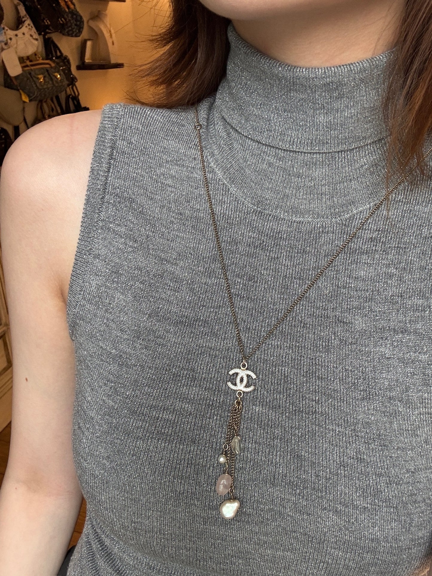 Chanel Crystal CC Pearl Tassel Necklace