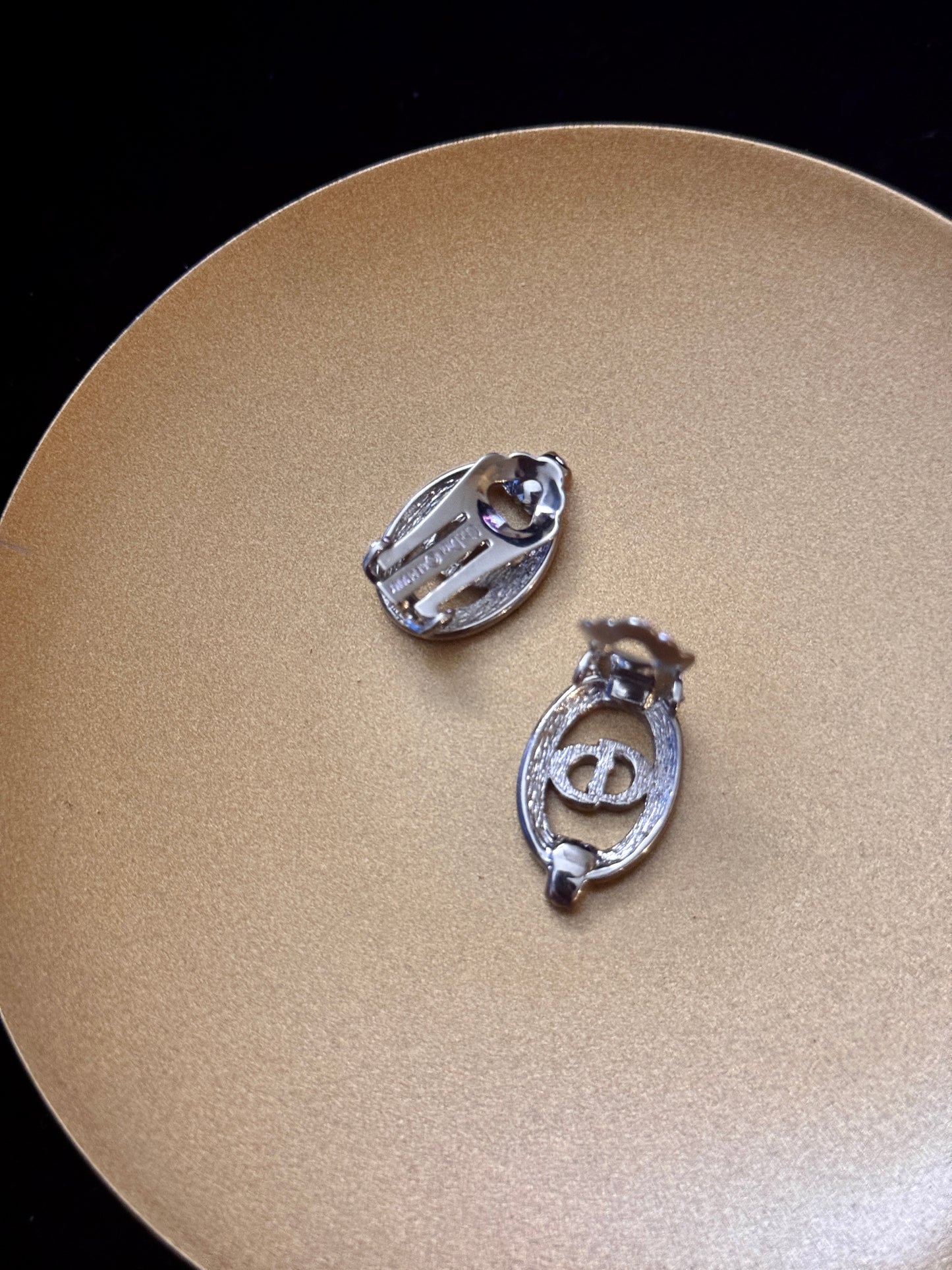 Dior Vintage Silver Crystal Oval Ear Clips