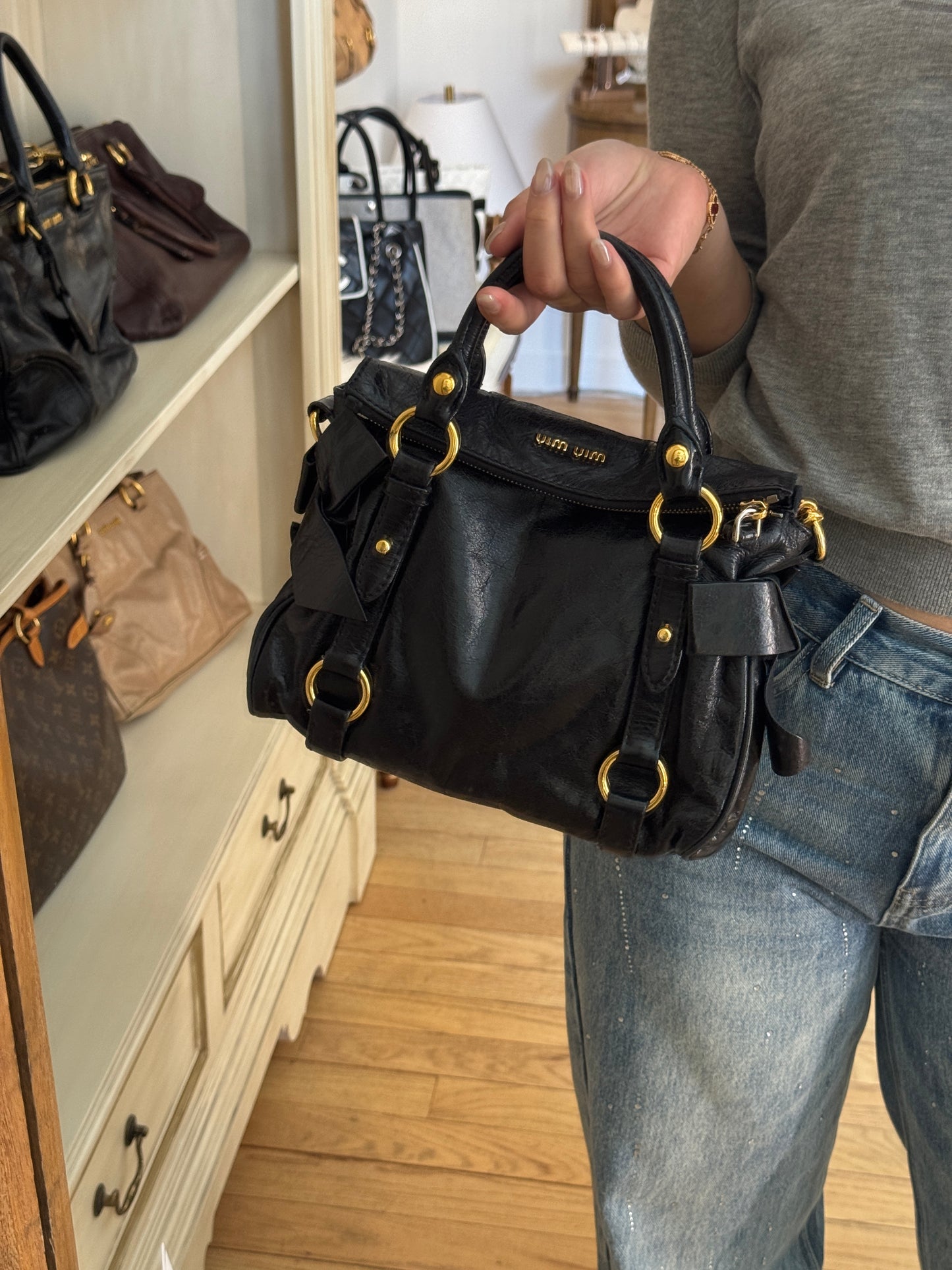 MiuMiu Vitello Lux Bow Satchel – Black