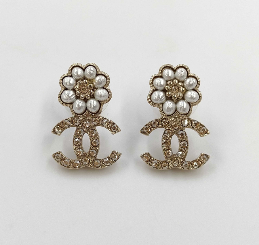 Chanel 2023 Pearl Camellia & Crystal CC Logo Earrings