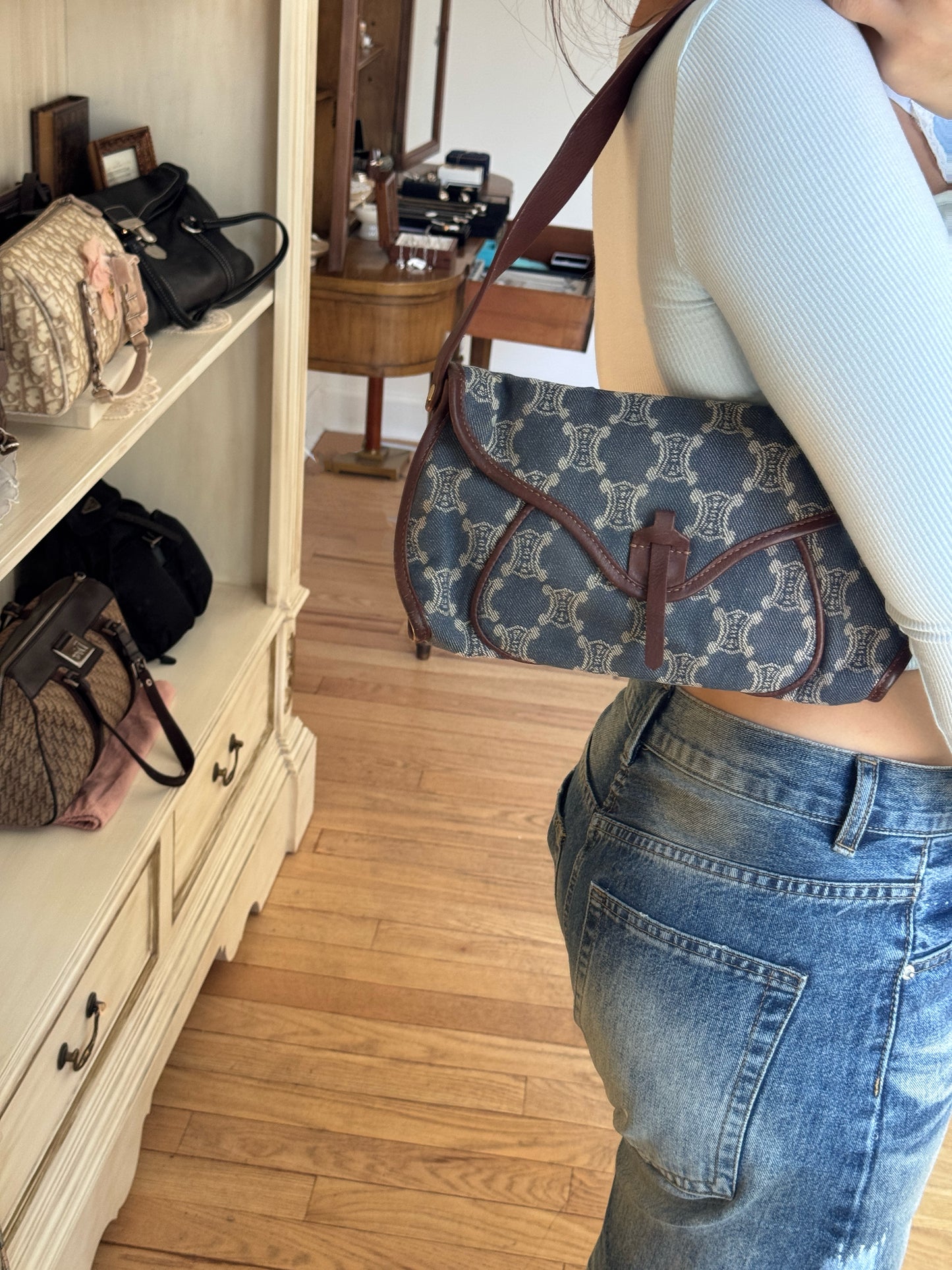Celine Vintage Macadam Denim Shoulder Bag