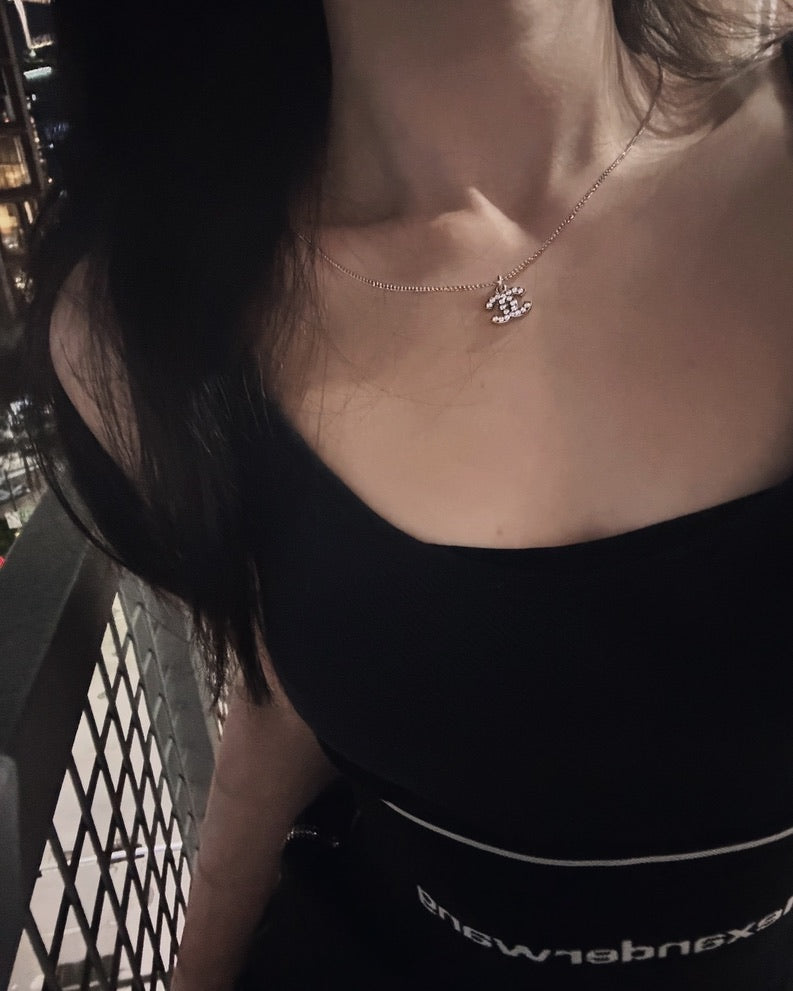 Chanel 2001 Vintage Crystal CC Logo Pendant Necklace