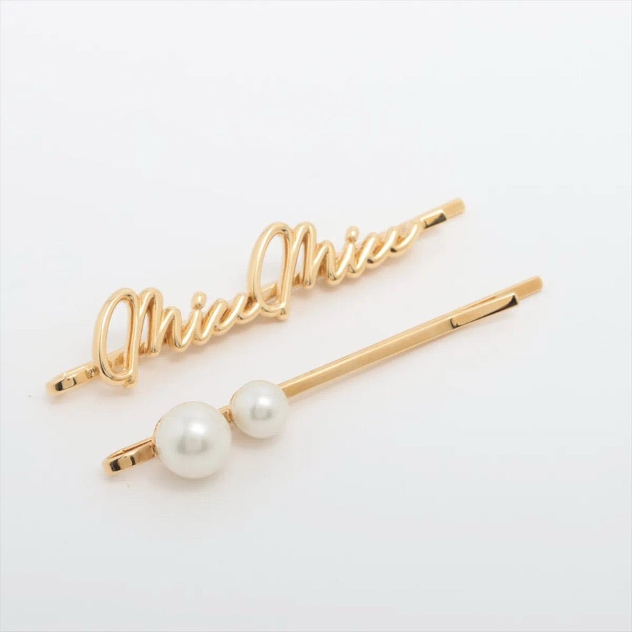 Miu Miu Gold Script & Pearl Hair Clip Set