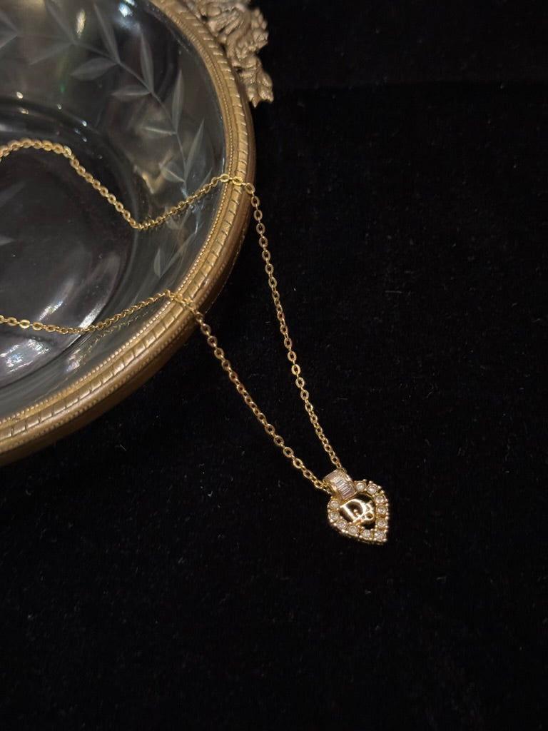 Dior Vintage Crystal Heart Logo Necklace