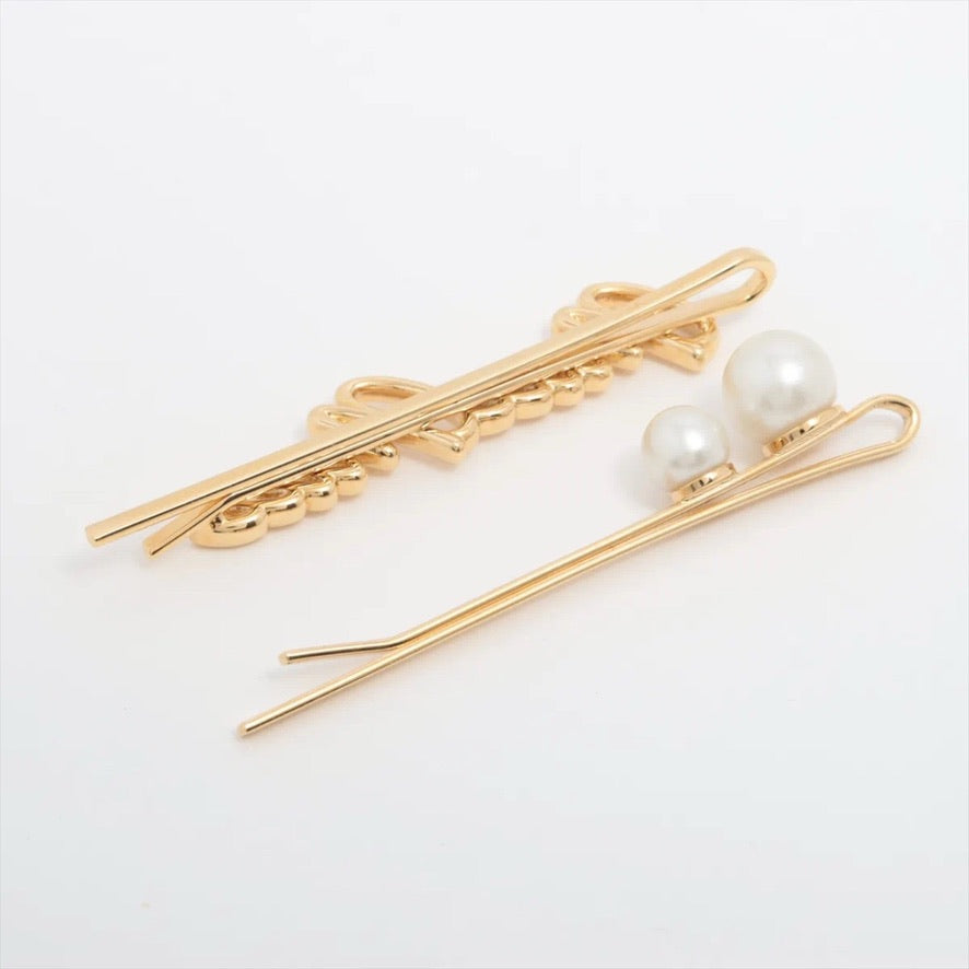 Miu Miu Gold Script & Pearl Hair Clip Set