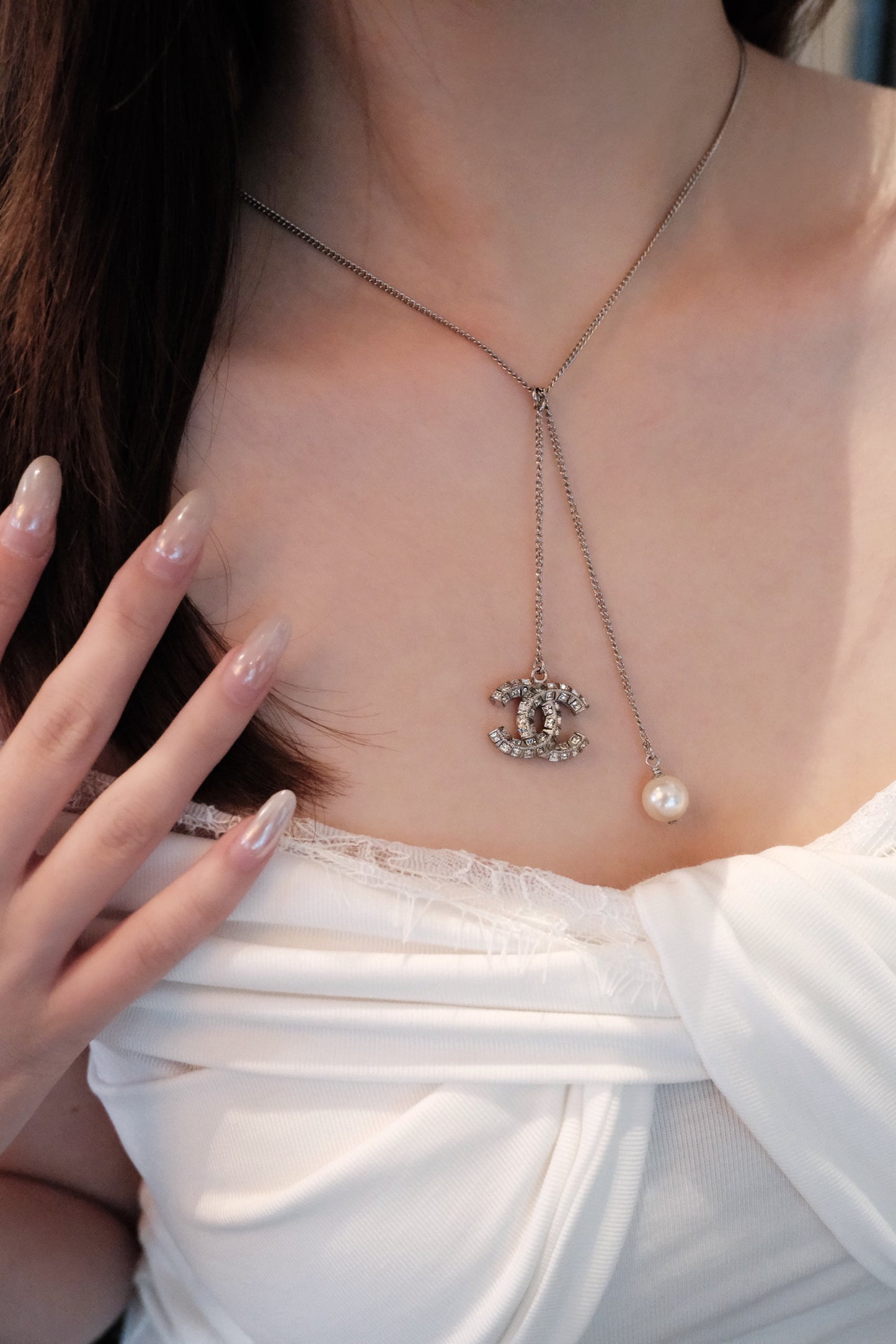 Chanel 2013 Crystal CC Drop Pearl Adjustable Necklace