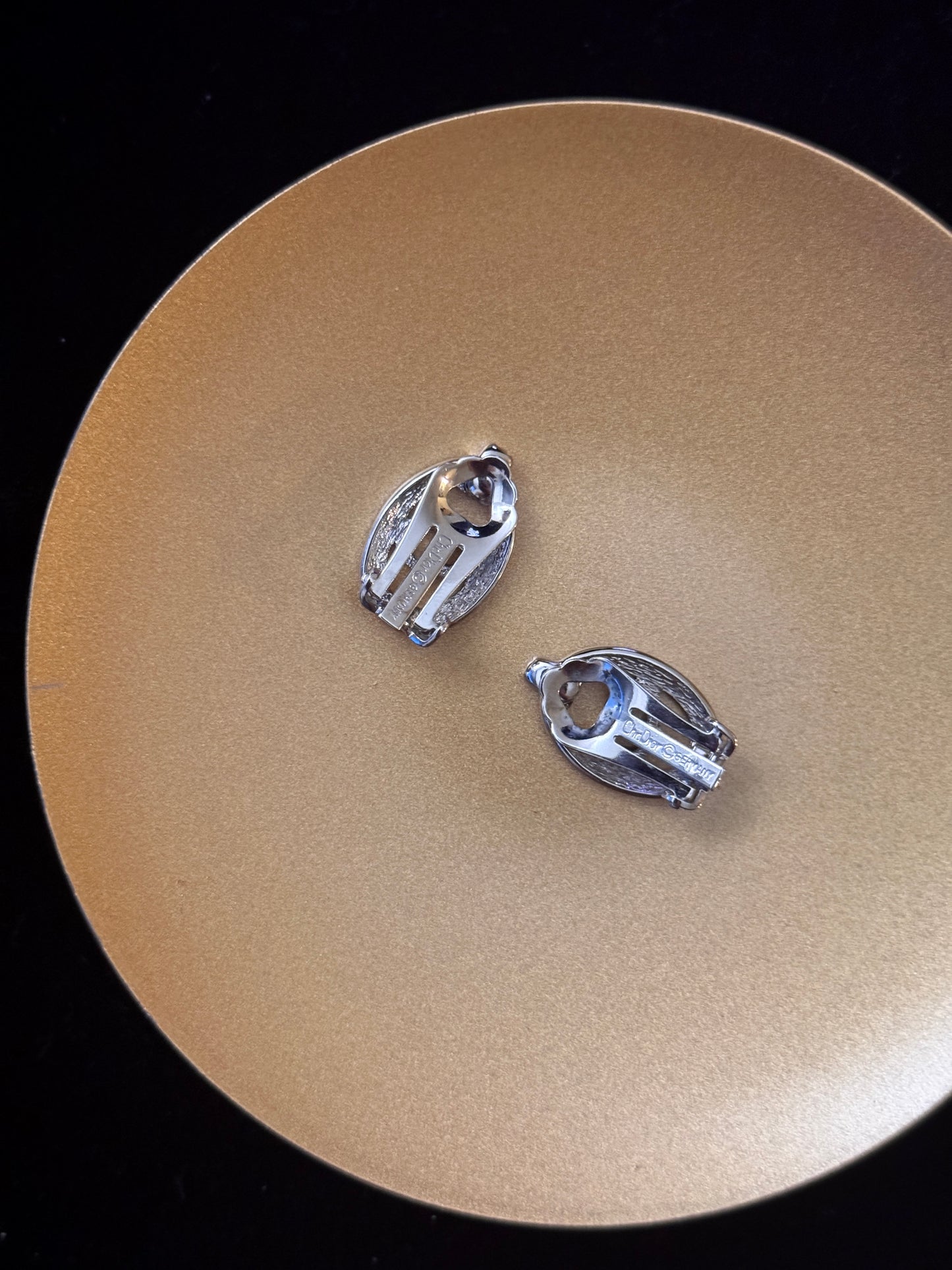 Dior Vintage Silver Crystal Oval Ear Clips