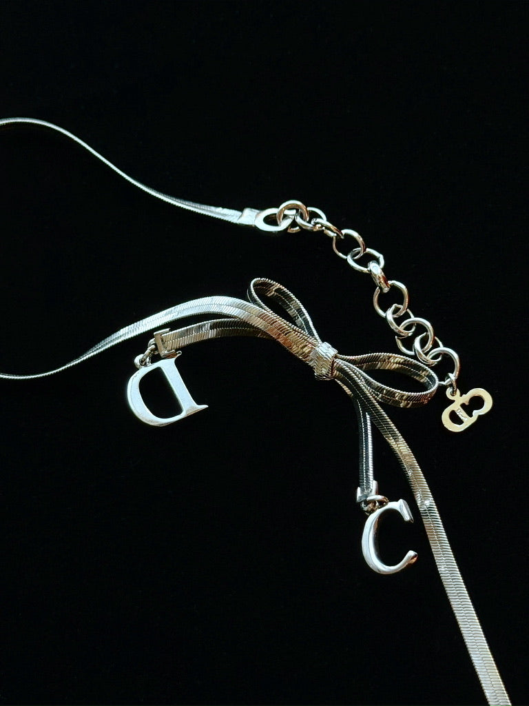 Dior Vintage Silver Ribbon "CD" Charm Necklace