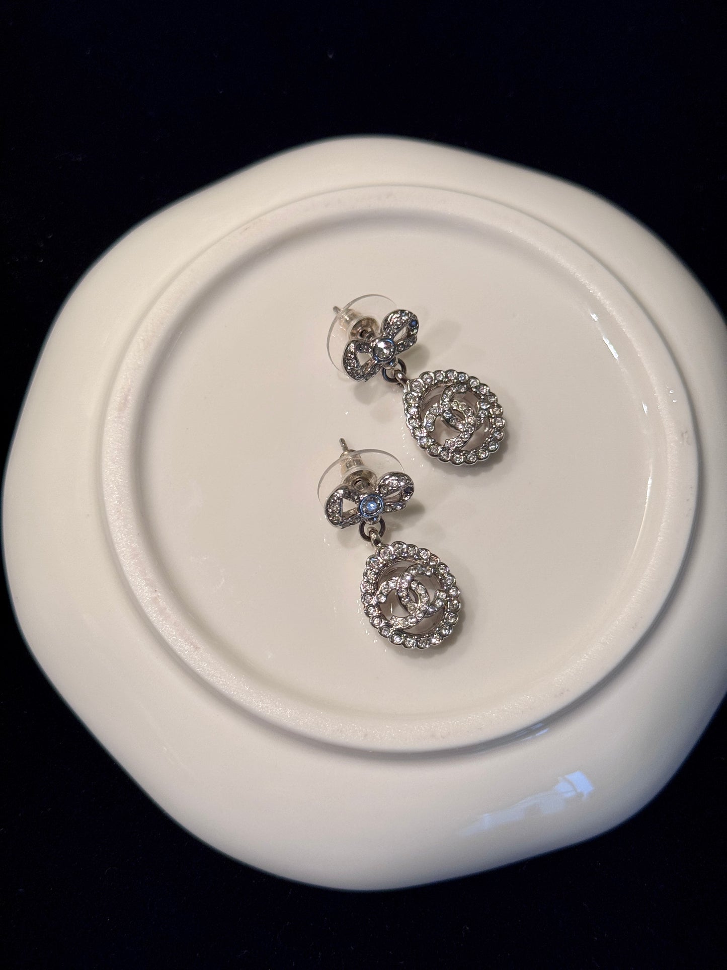 Chanel 2022 Crystal Bow & CC Drop Earrings