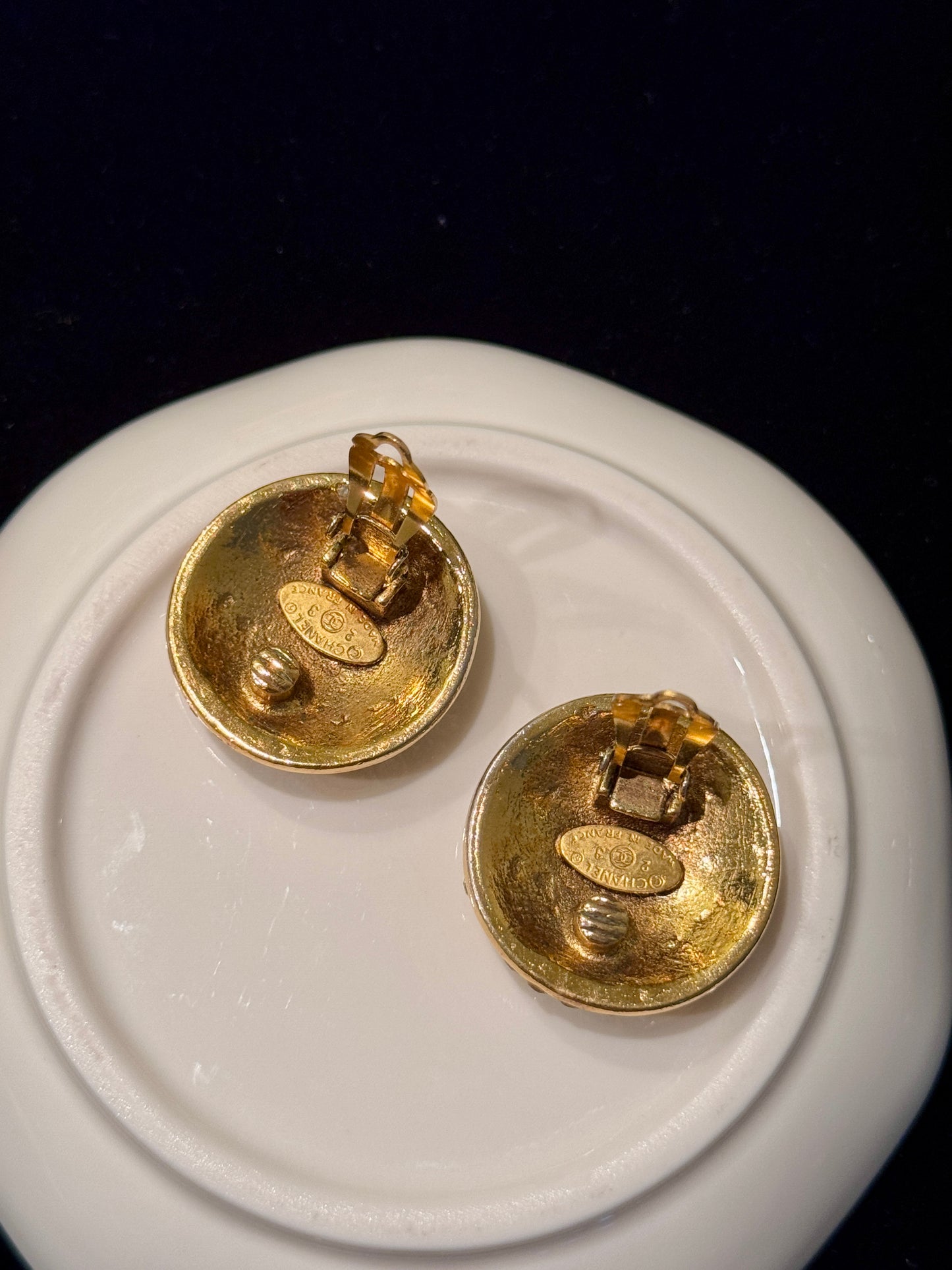 Chanel 1980s Gold CC Embossed Crystal Clip-On Earrings