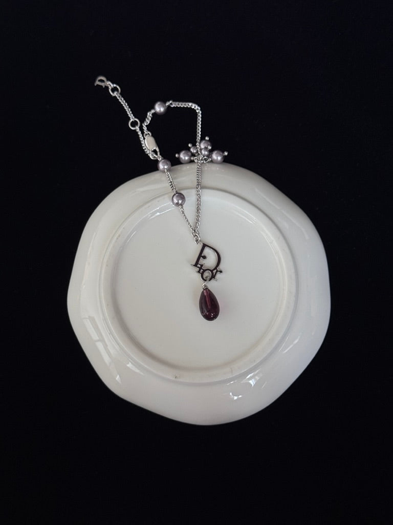 Dior Vintage Silver Logo Necklace with Purple Pearl Beads and Teardrop Charm