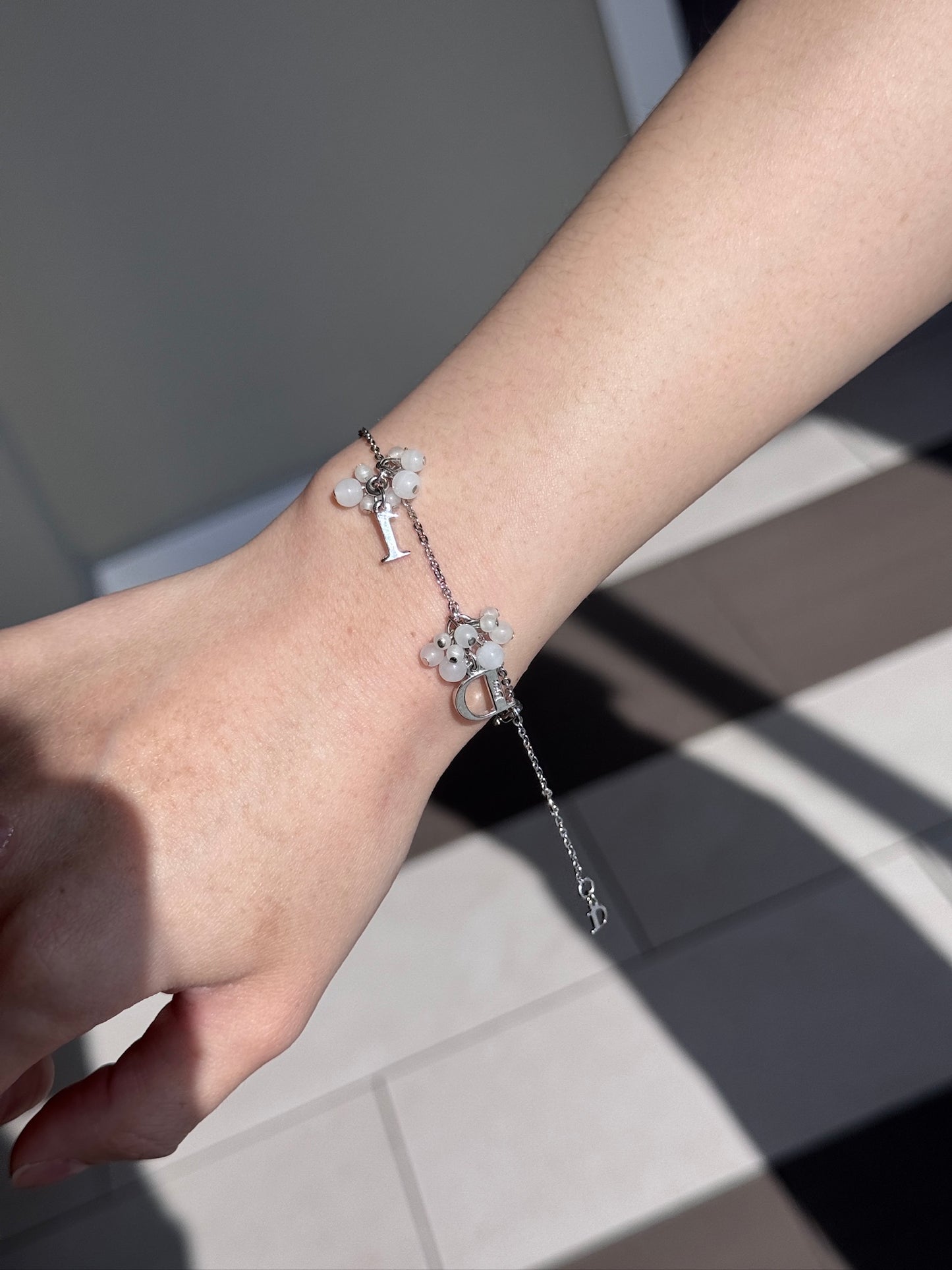 Dior Vintage Silver “D-I-O-R” Charm Bracelet with White Beaded Flowers