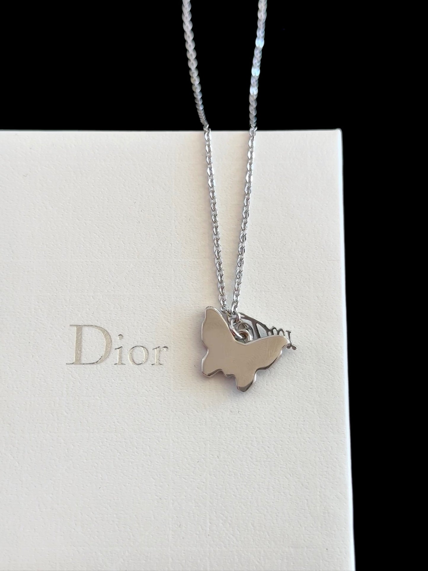 Dior Orange Enamel Sequin Butterfly Necklace with Dangling Logo