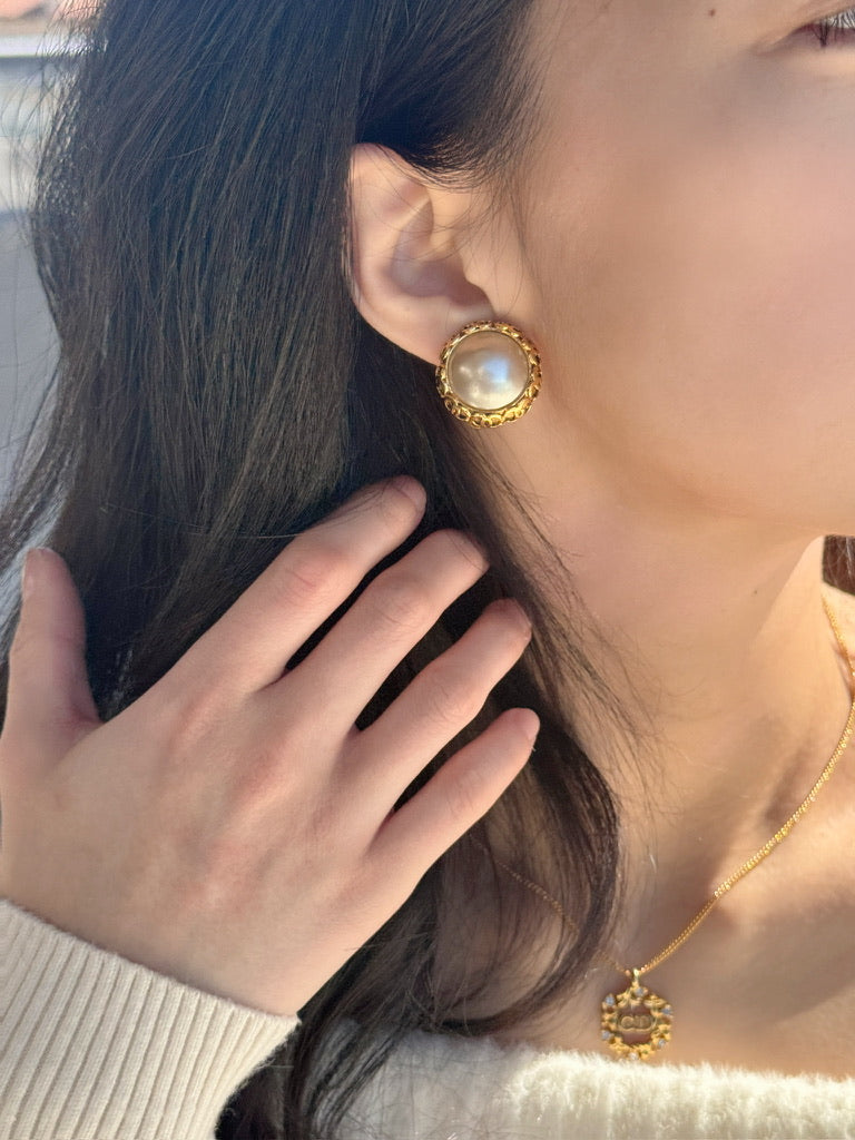 Chanel Vintage Round Clip-On Earrings with Faux Pearl Center and Gold Filigree Frame