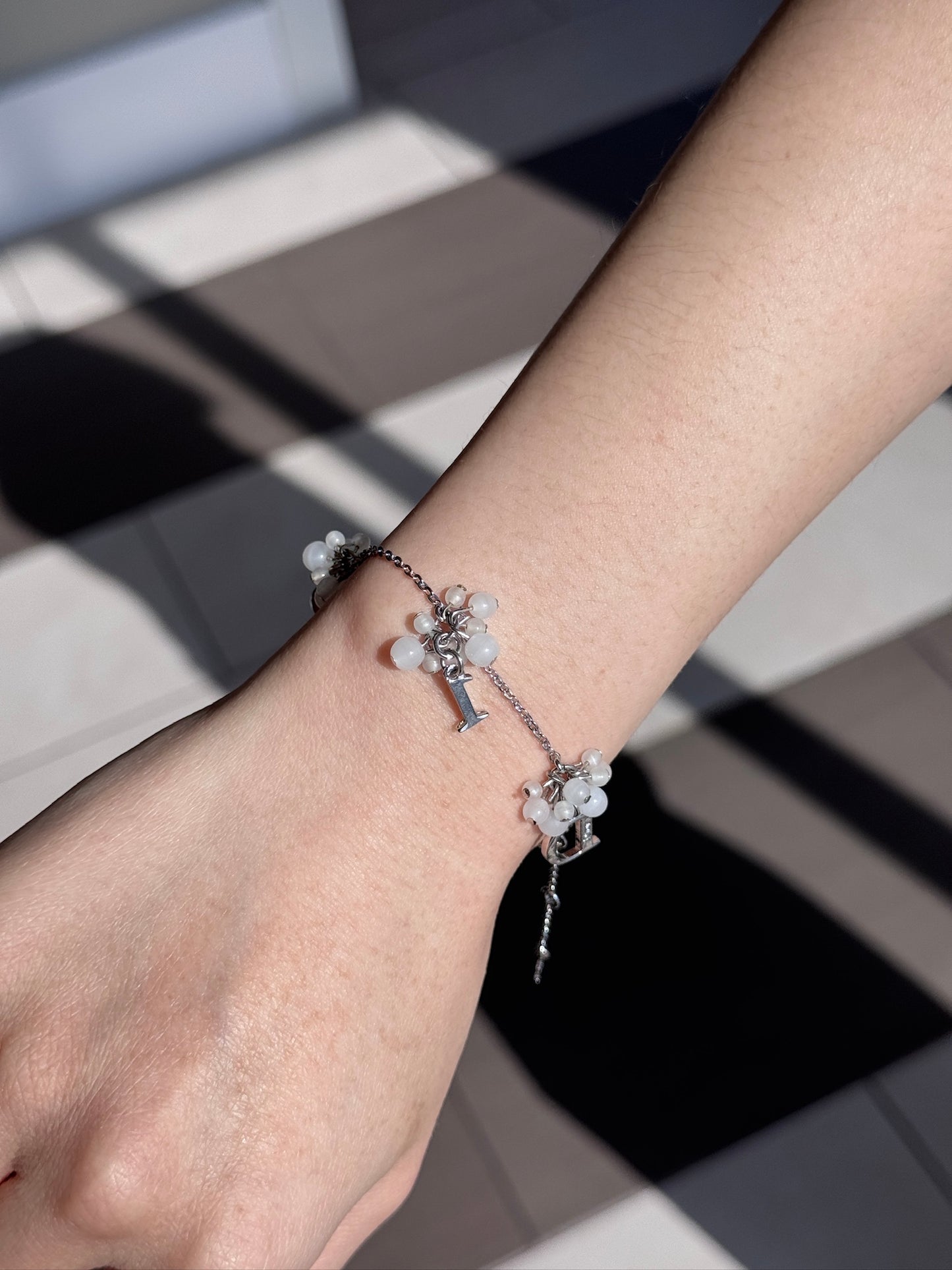 Dior Vintage Silver “D-I-O-R” Charm Bracelet with White Beaded Flowers