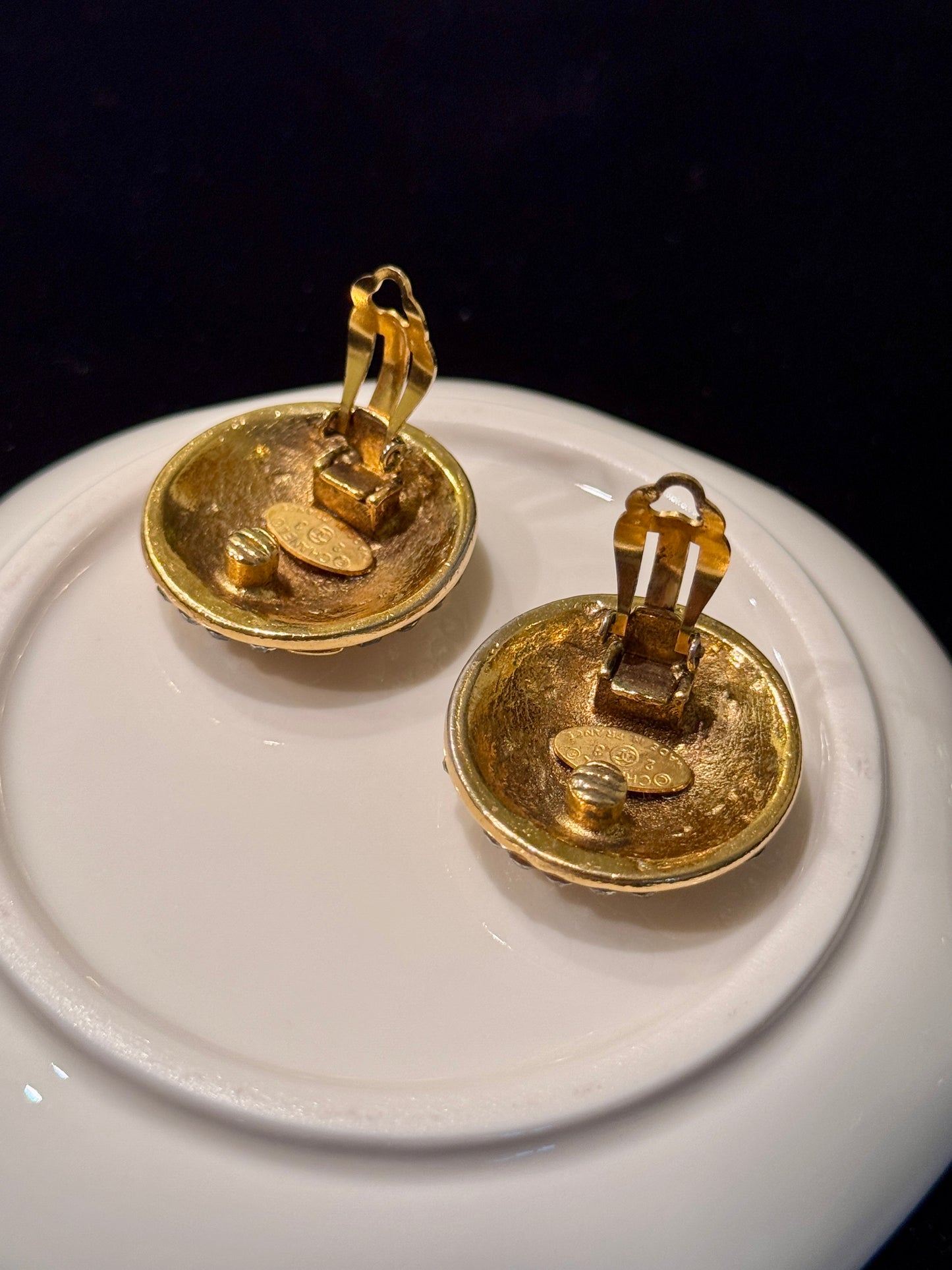 Chanel 1980s Gold CC Embossed Crystal Clip-On Earrings