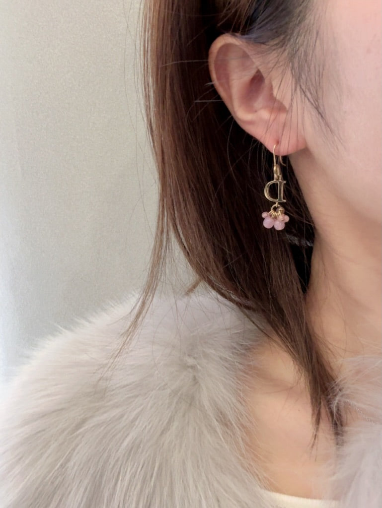 Vintage Dior “D” Pink Floral Charm Drop Earrings