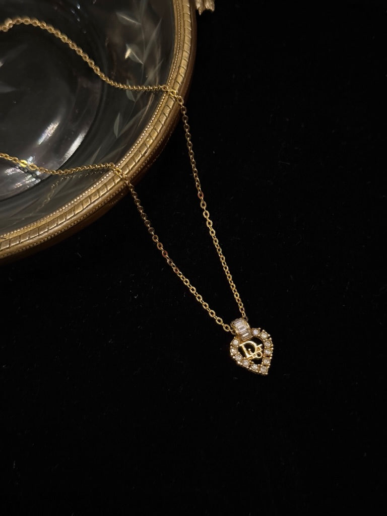 Dior Vintage Crystal Heart Logo Necklace