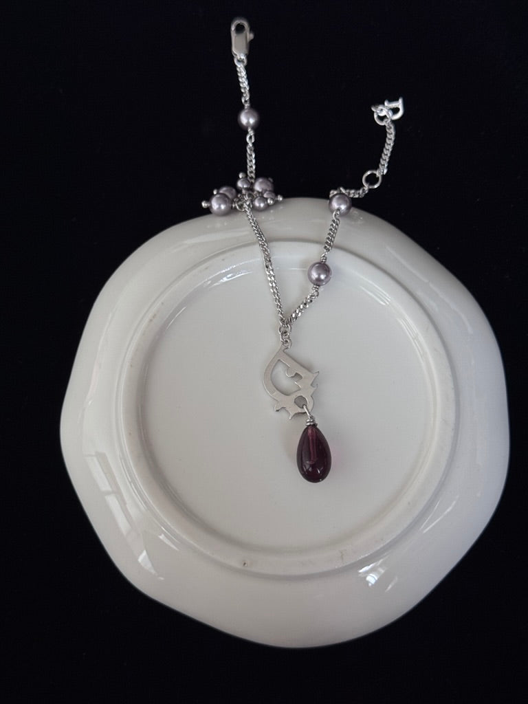 Dior Vintage Silver Logo Necklace with Purple Pearl Beads and Teardrop Charm