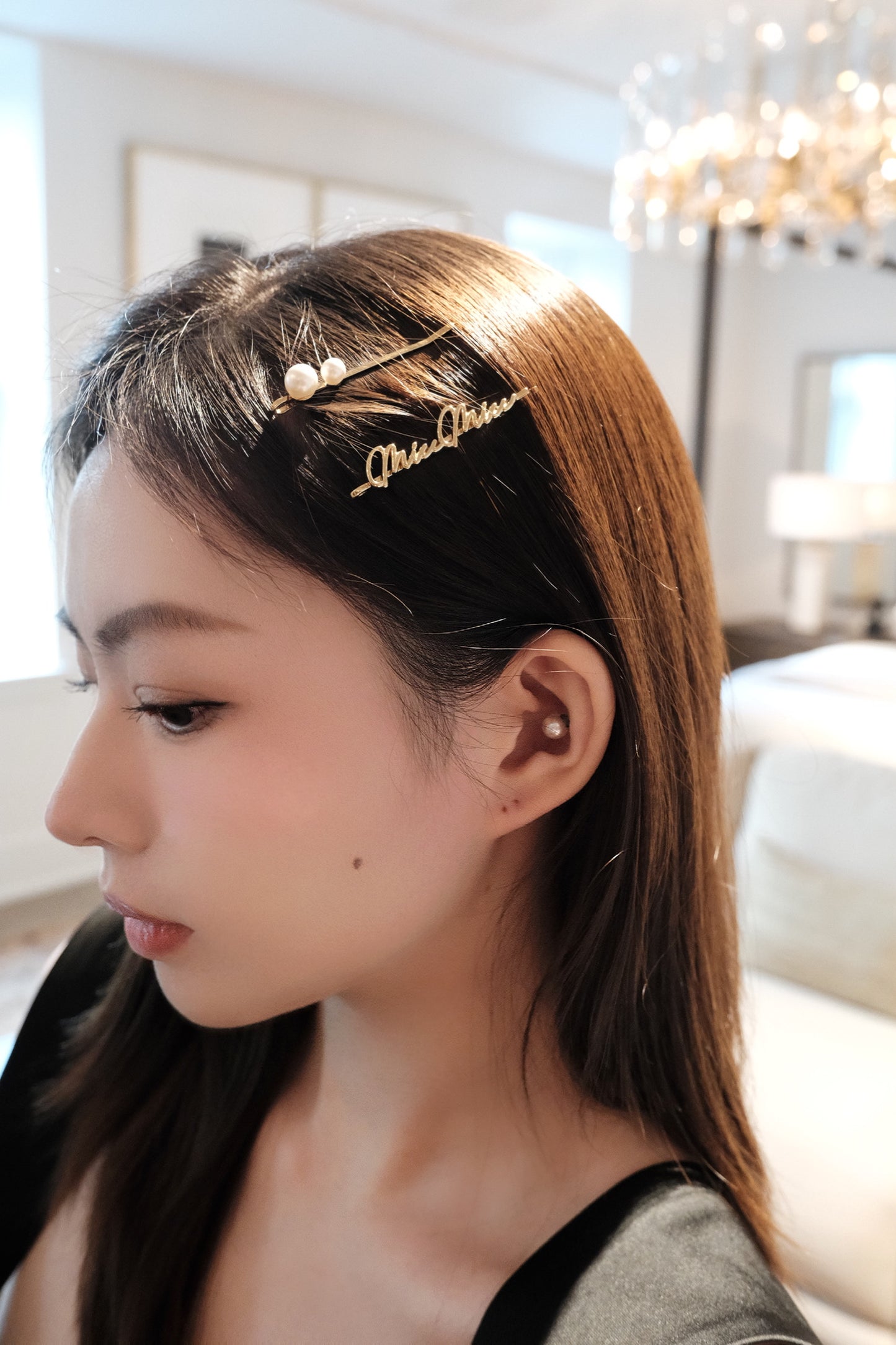 Miu Miu Gold Script & Pearl Hair Clip Set