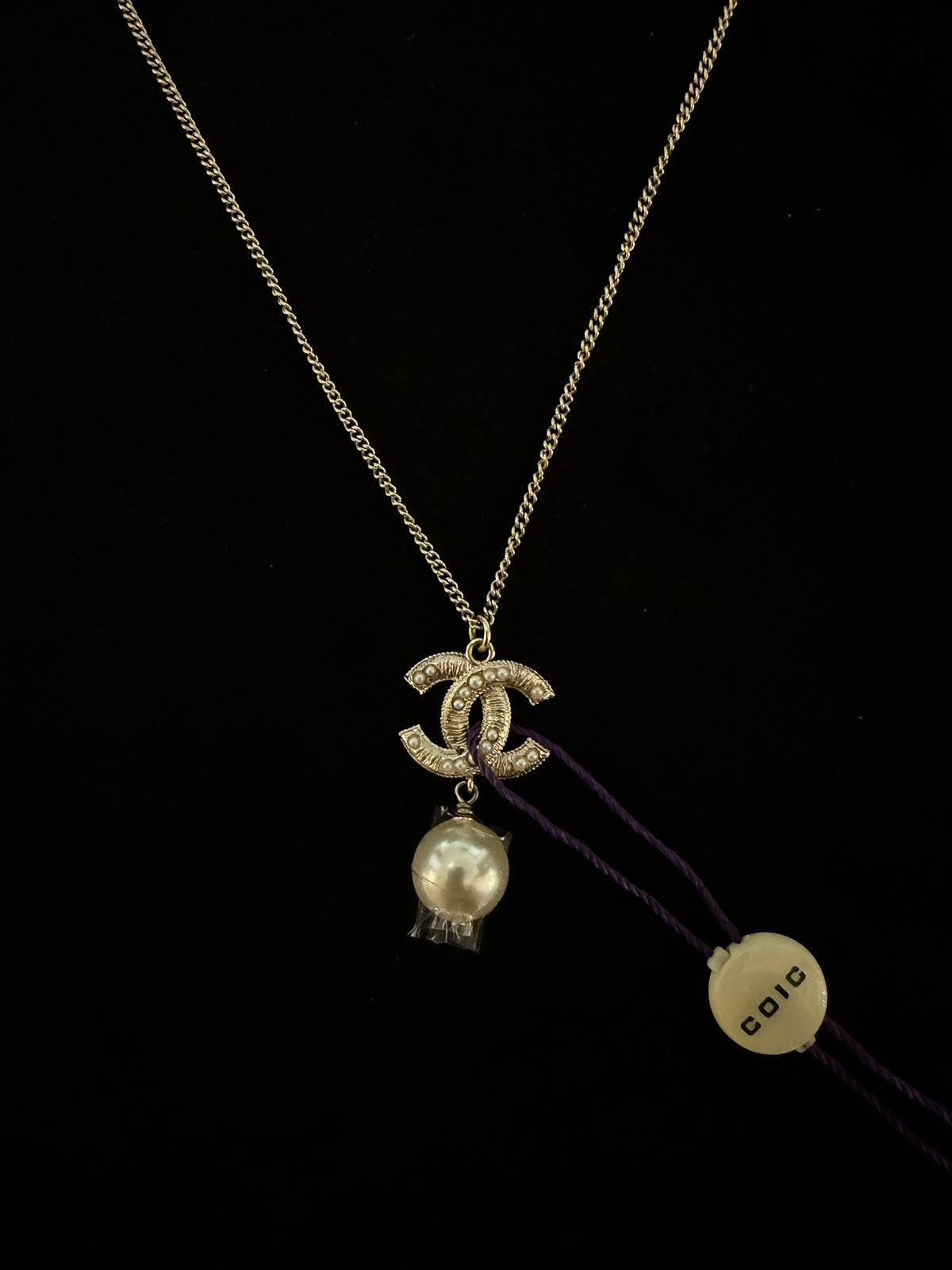 Chanel Crystal CC Faux Pearl Drop Pendant Necklace