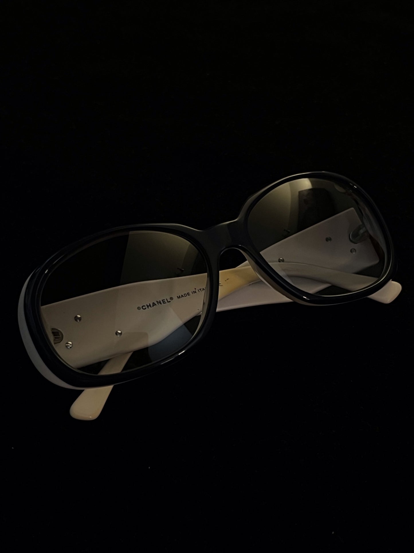 On Hold* Chanel 2000s Camellia CC Black & Off-White Oversized Sunglasses