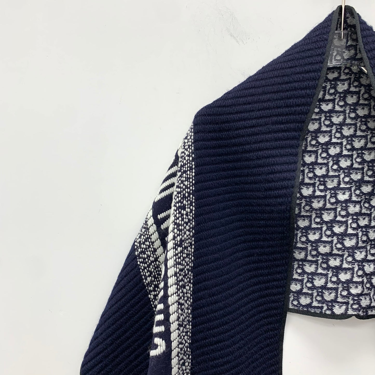 Dior Navy Blue Monogram Wool Fringe Scarf