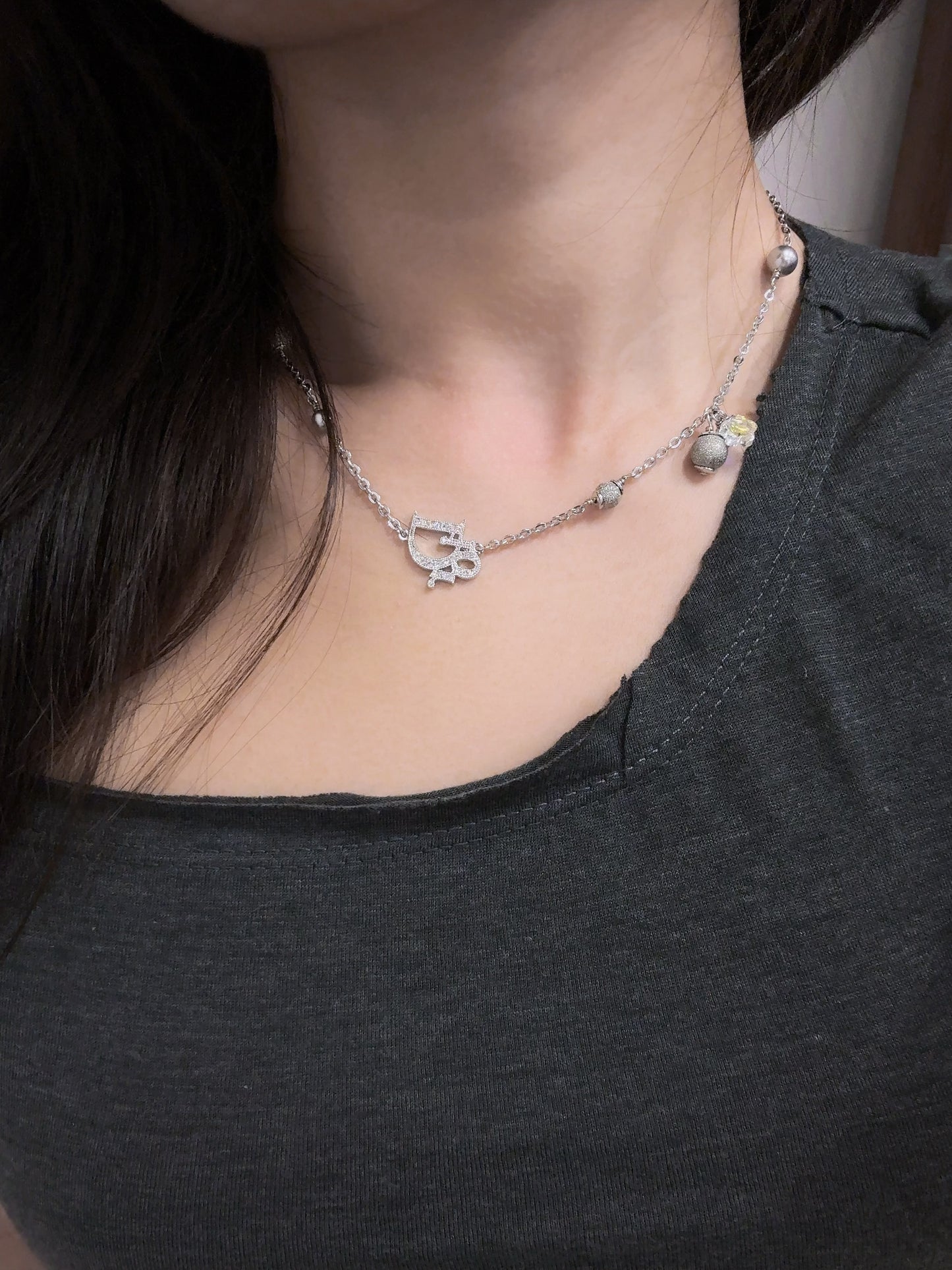 Vintage Dior Crystal Logo Charm Necklace – Silver Tone