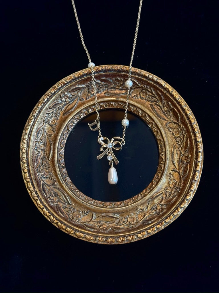 Dior Vintage Gold-Tone Pearl Bow Necklace with 'D' Charm