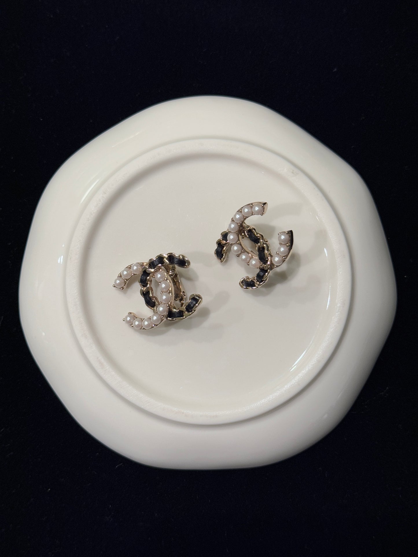 Chanel 2022 Leather-Woven Pearl CC Earrings