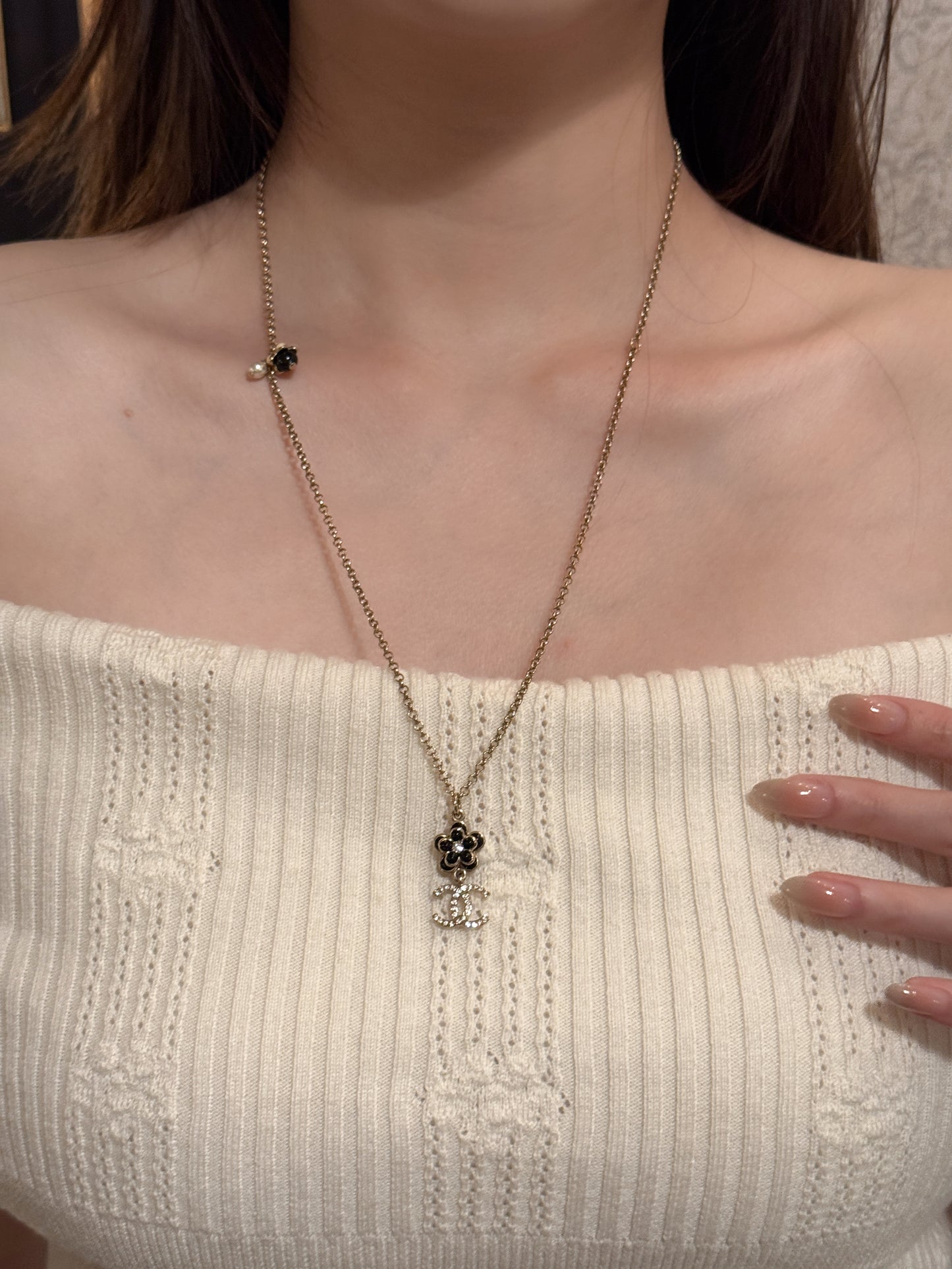 Chanel Adjustable Camellia & CC Pendant Necklace