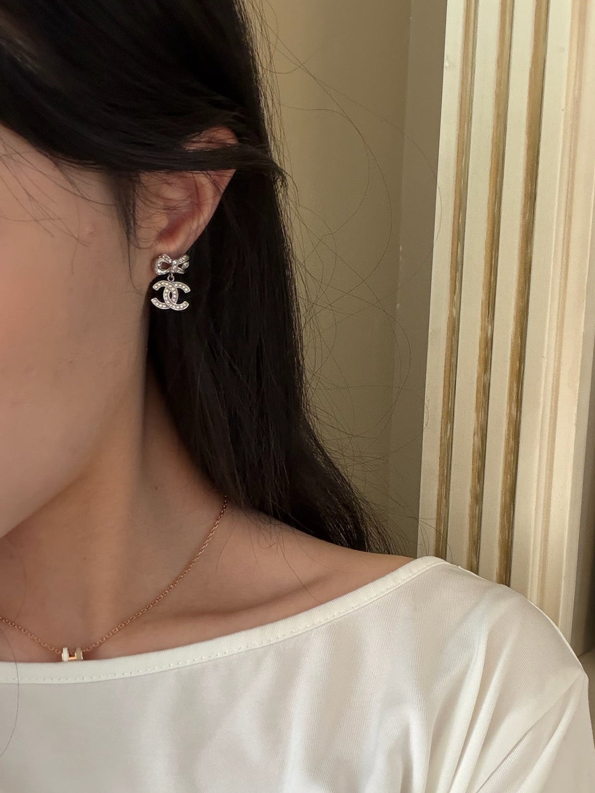 Chanel Crystal Bow CC Drop Earrings