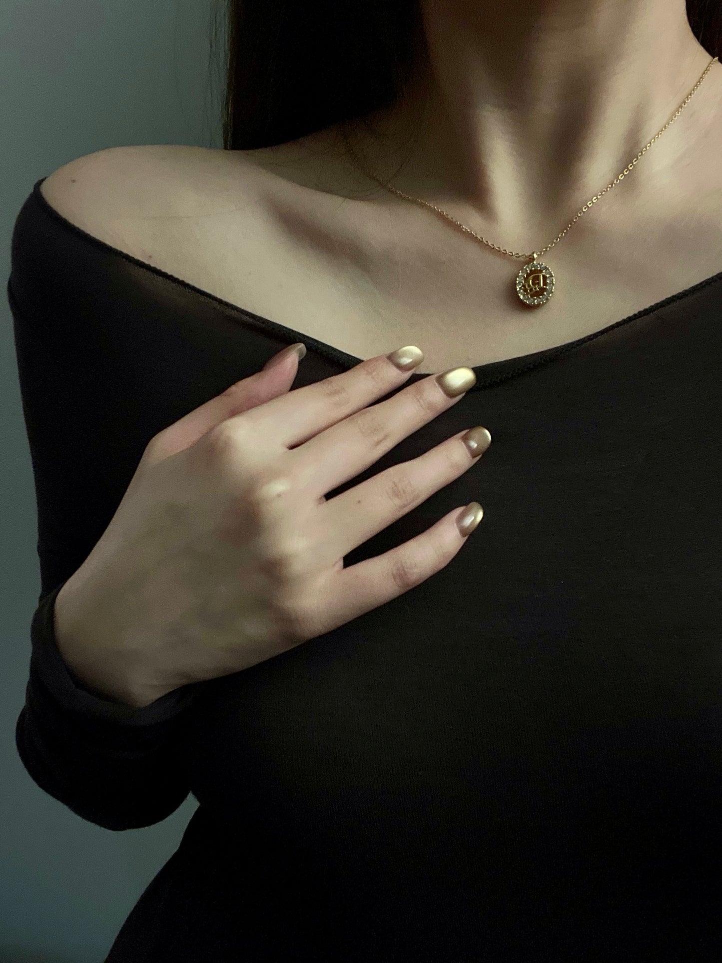 Vintage Dior Gold-Tone Vertical Crystal Logo Pendant Necklace