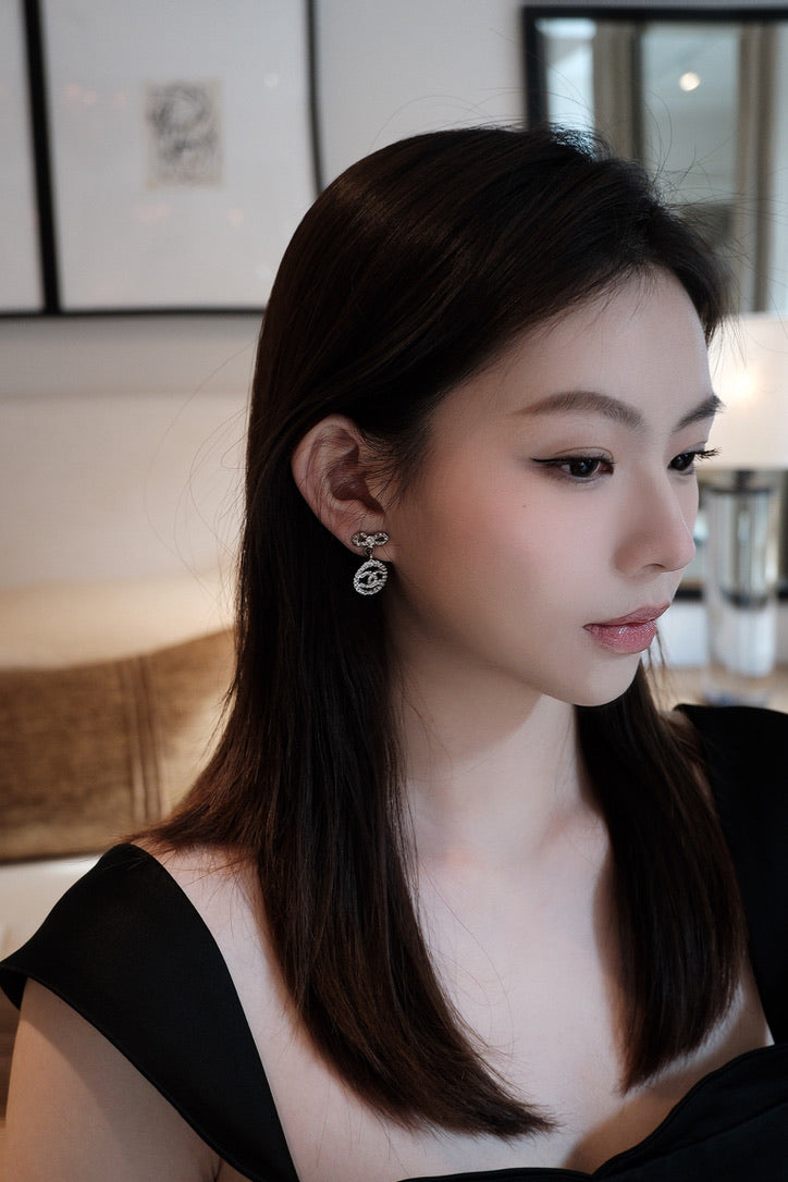 Chanel 2022 Crystal Bow & CC Drop Earrings