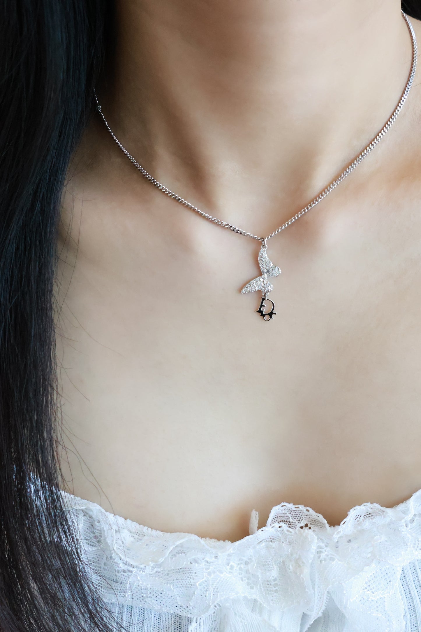 Dior Vintage Crystal Butterfly “D” Charm Necklace