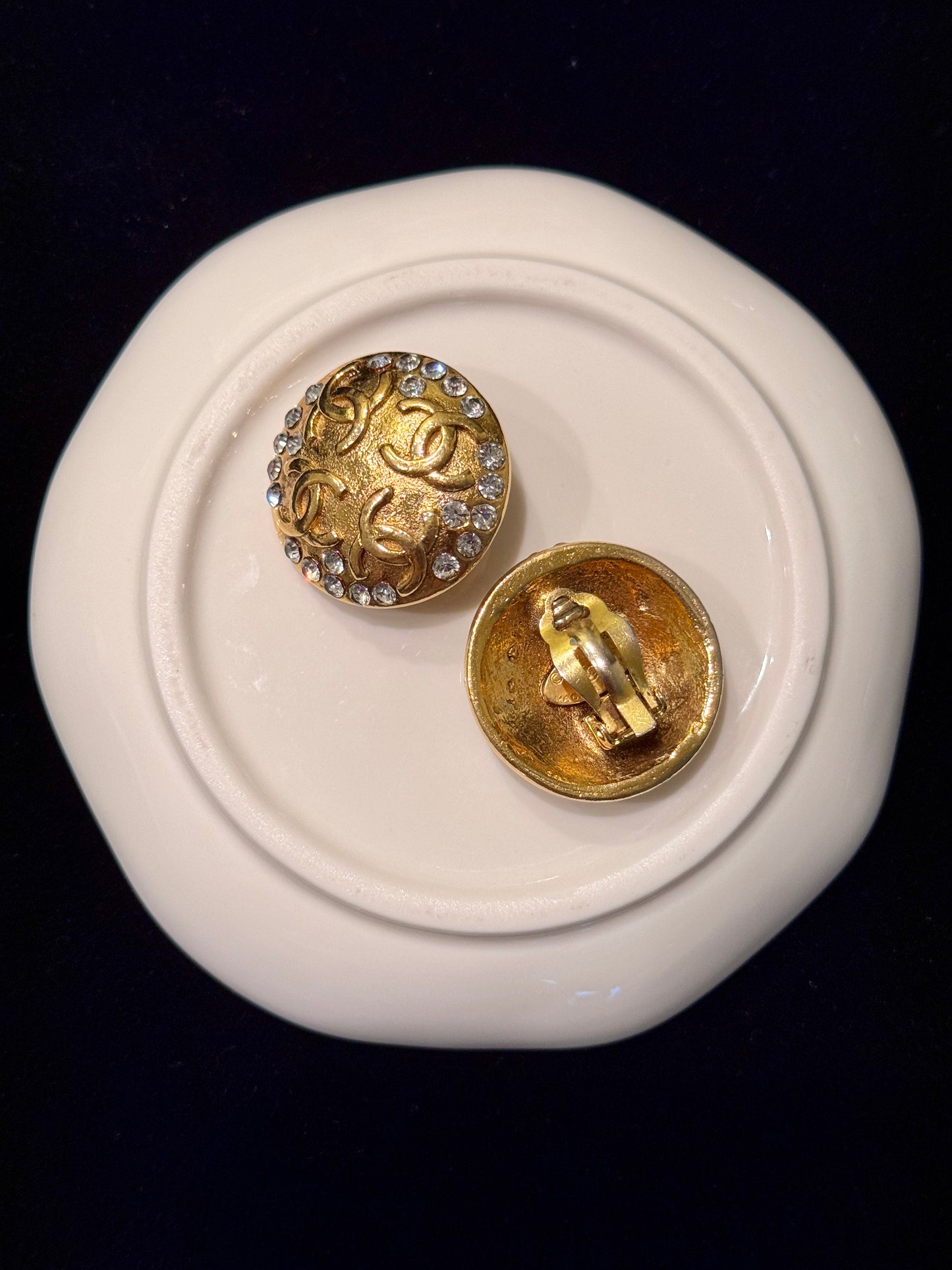 Chanel 1980s Gold CC Embossed Crystal Clip-On Earrings