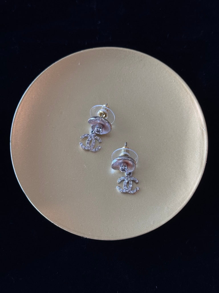 CHANEL Crystal CC Drop Earrings with Pink Camellia Stud Earrings