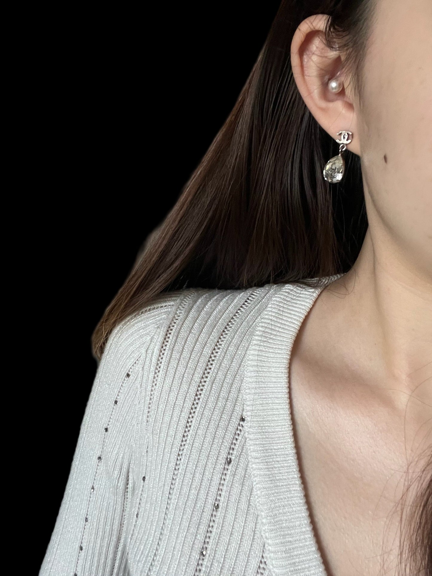 Chanel 2012 Silver Double C Diamond Drop Earrings