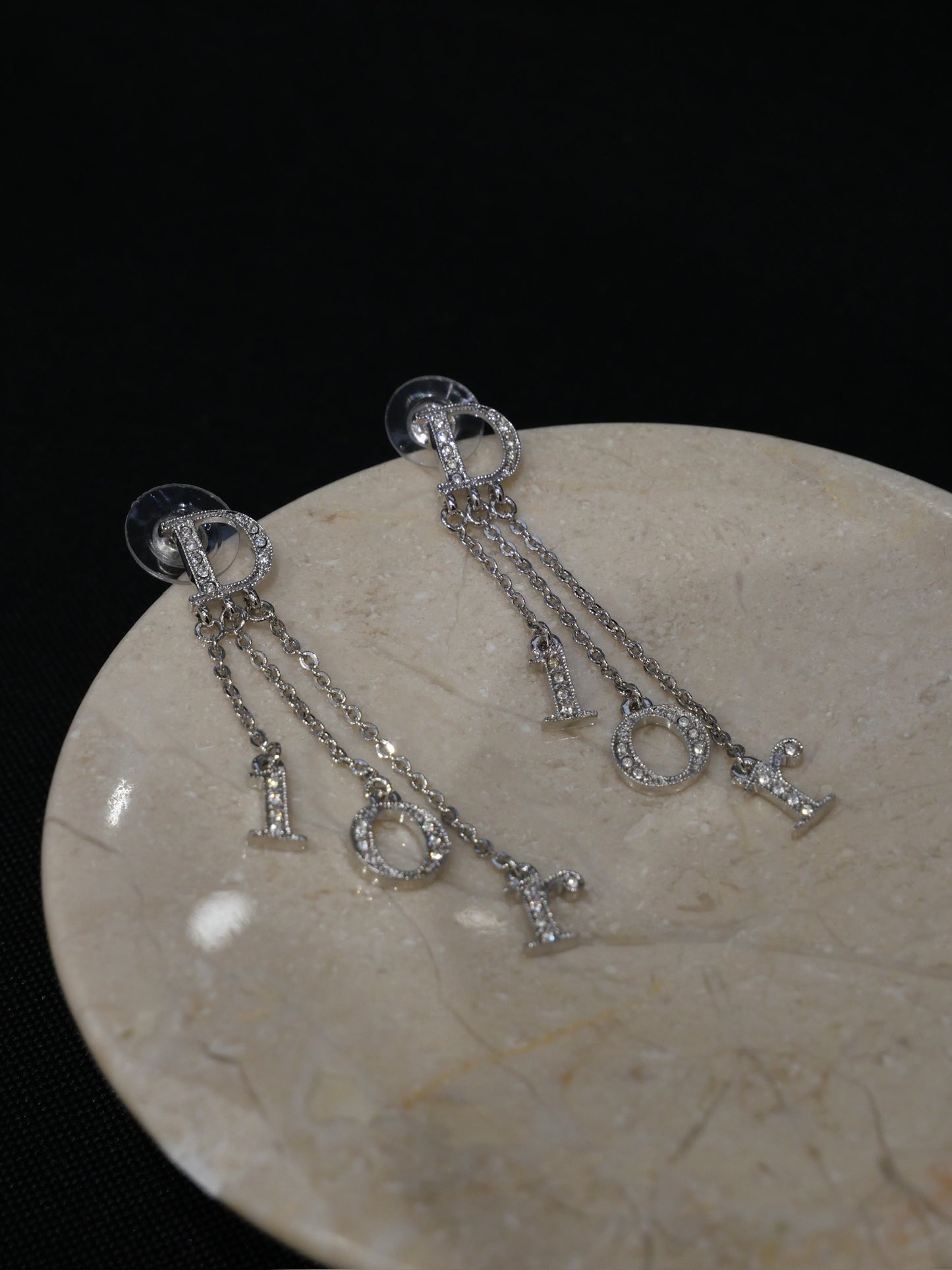 Vintage Dior Crystal Logo Drop Chain Earrings
