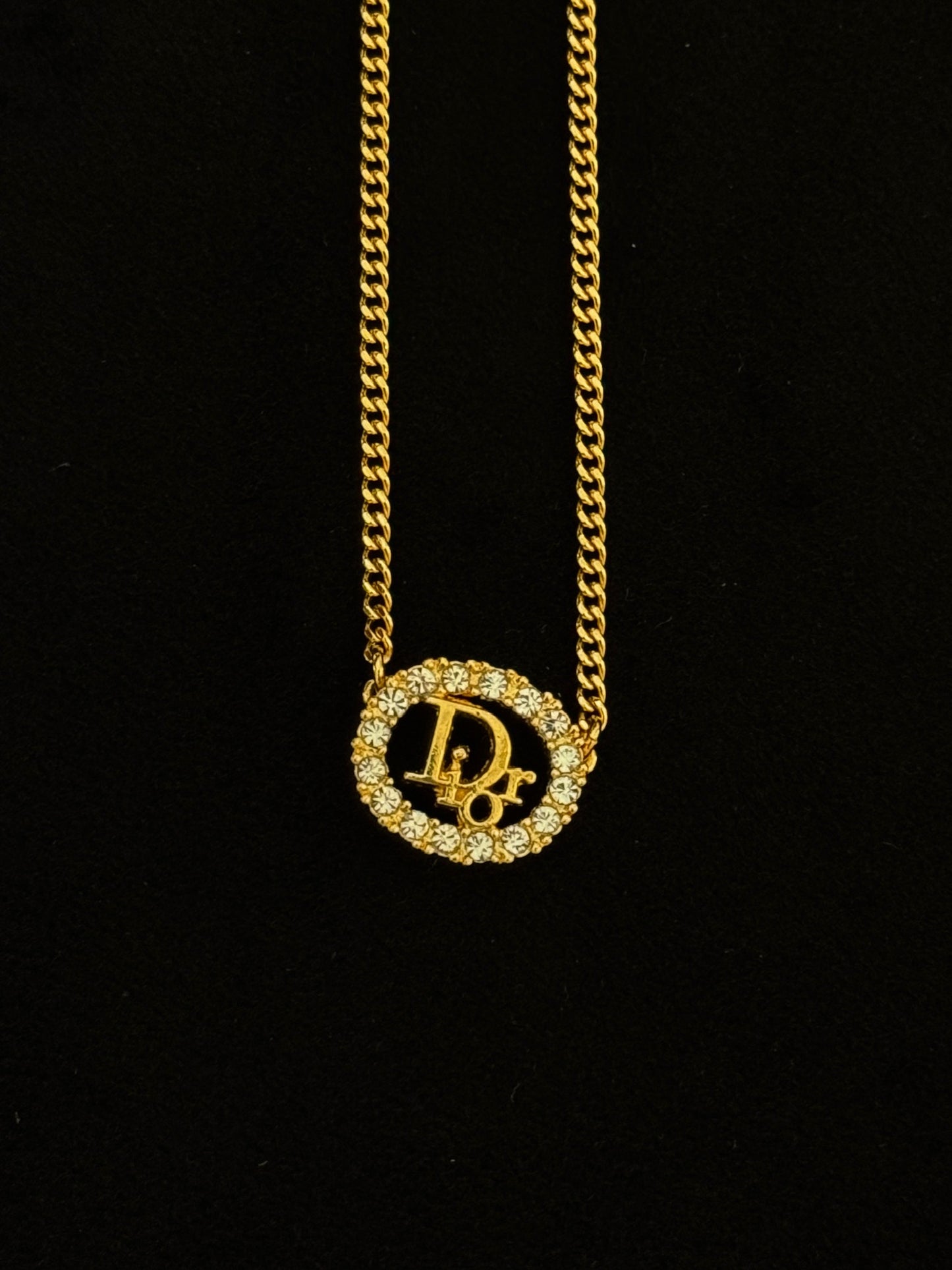 Christian Dior Crystal Logo Circle Pendant Necklace