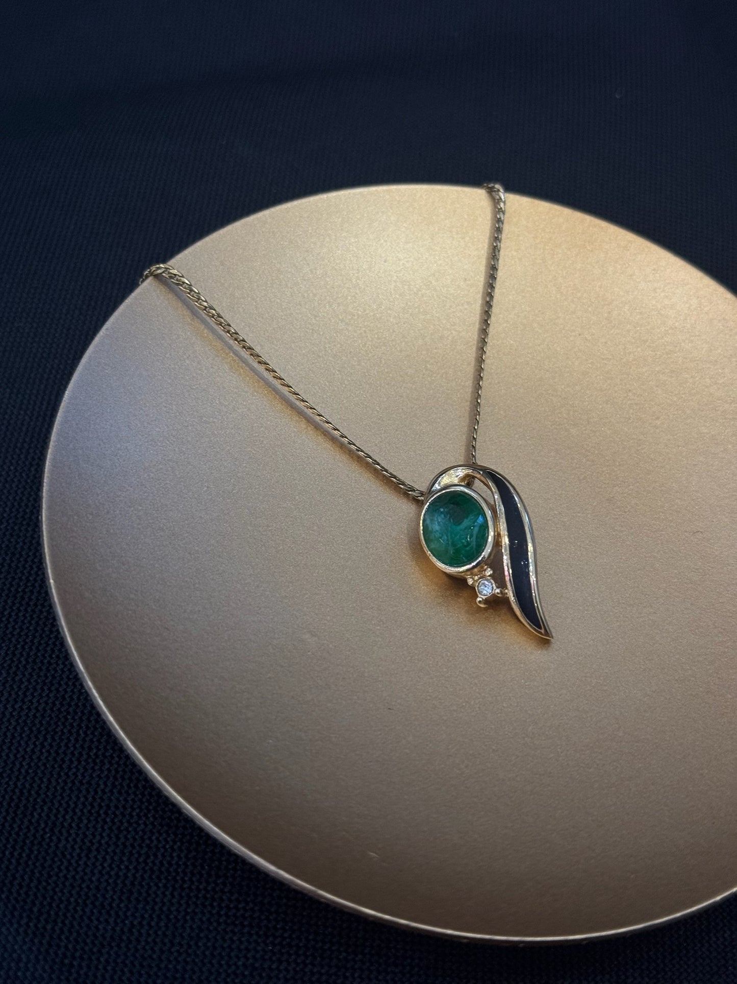 Vintage Dior Emerald Cabochon & Enamel Gold-Tone Pendant Necklace